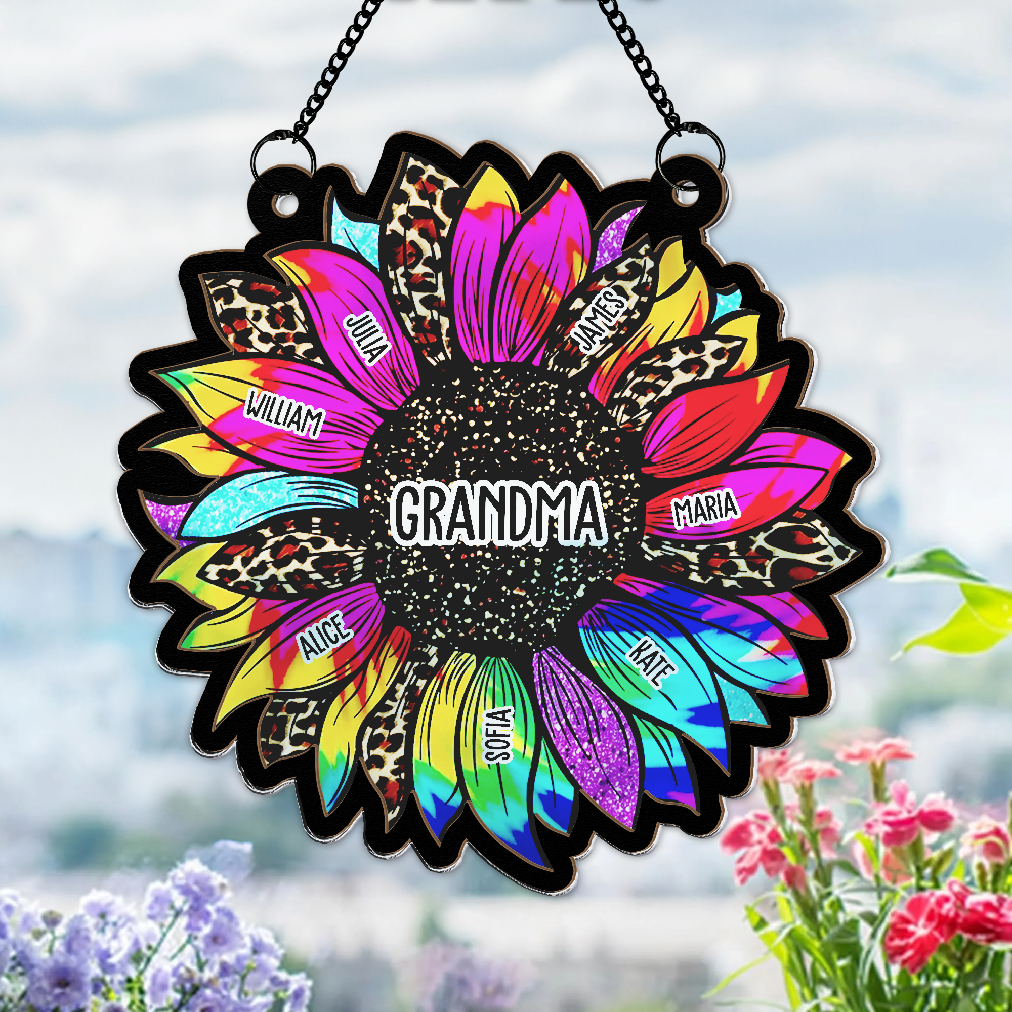 Grandma Leopard Sunflower With Kids Names - Personalized Window Hanging Suncatcher Ornament