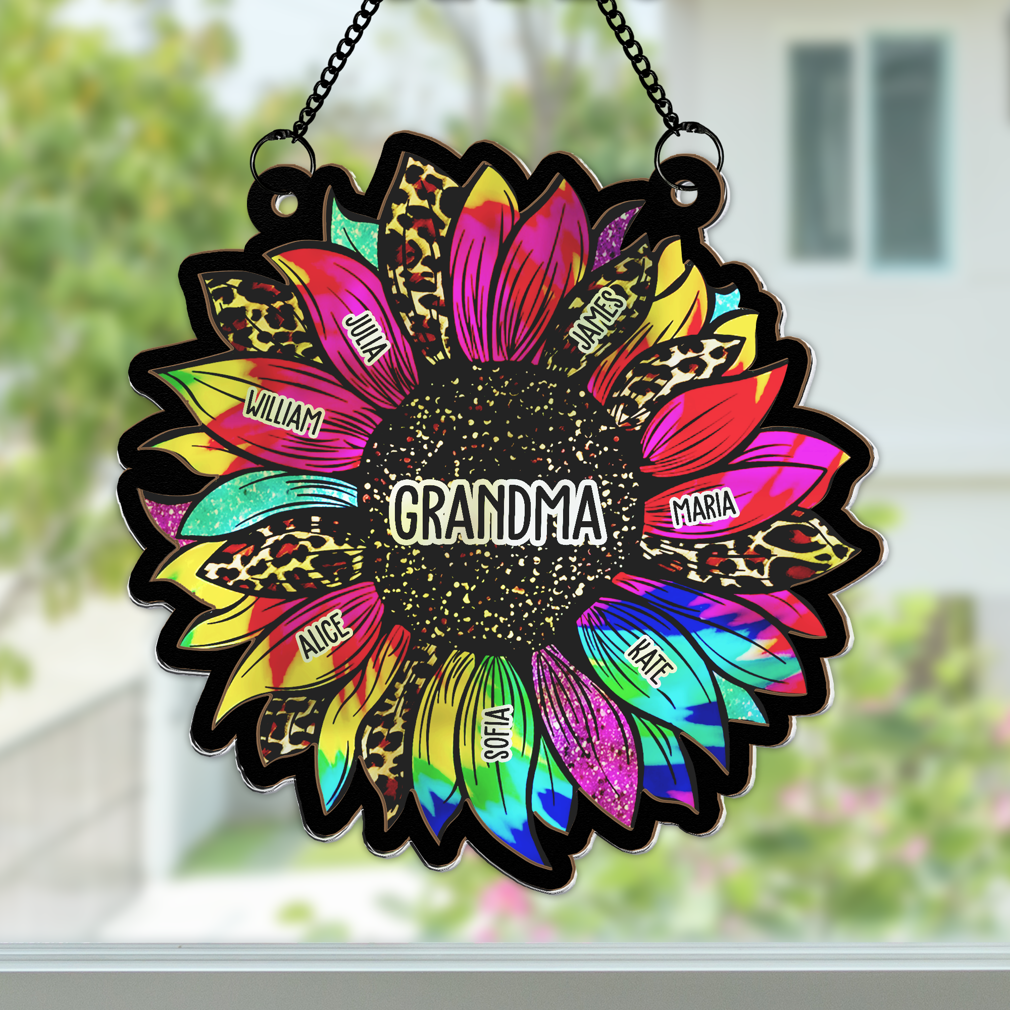 Grandma Leopard Sunflower With Kids Names - Personalized Window Hanging Suncatcher Ornament