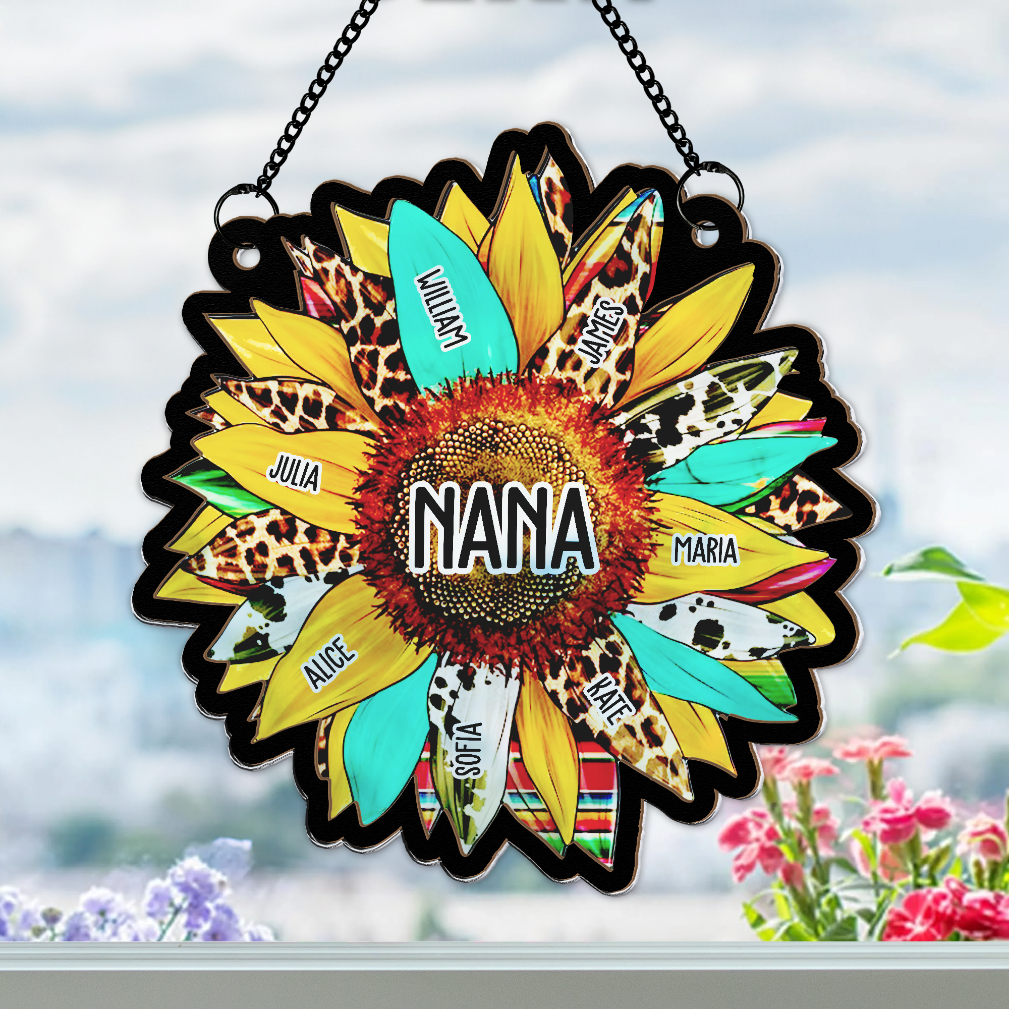 Grandma Leopard Sunflower With Kids Names - Personalized Window Hanging Suncatcher Ornament