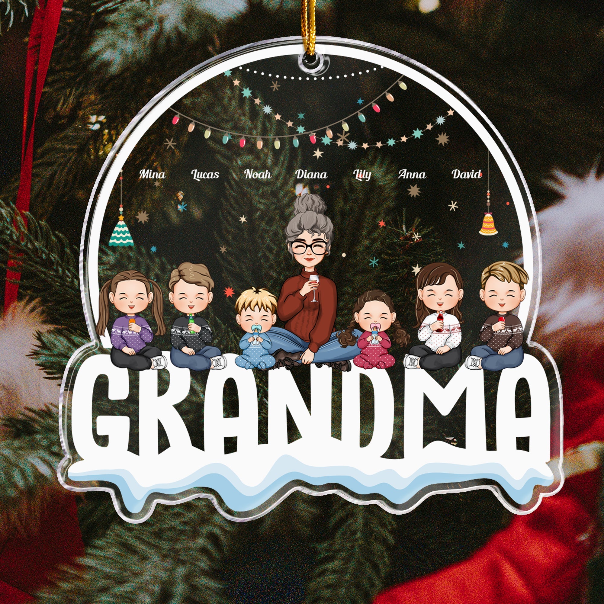 Grandma With Grandkids Custom Kids Names - Personalized Globe Shaped Acrylic Ornament