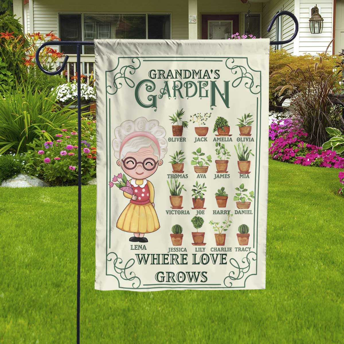 Grandma's Garden Where Love Grows - Personalized Flag - Thanksgiving Gift For Grandma - Grandma Chibi