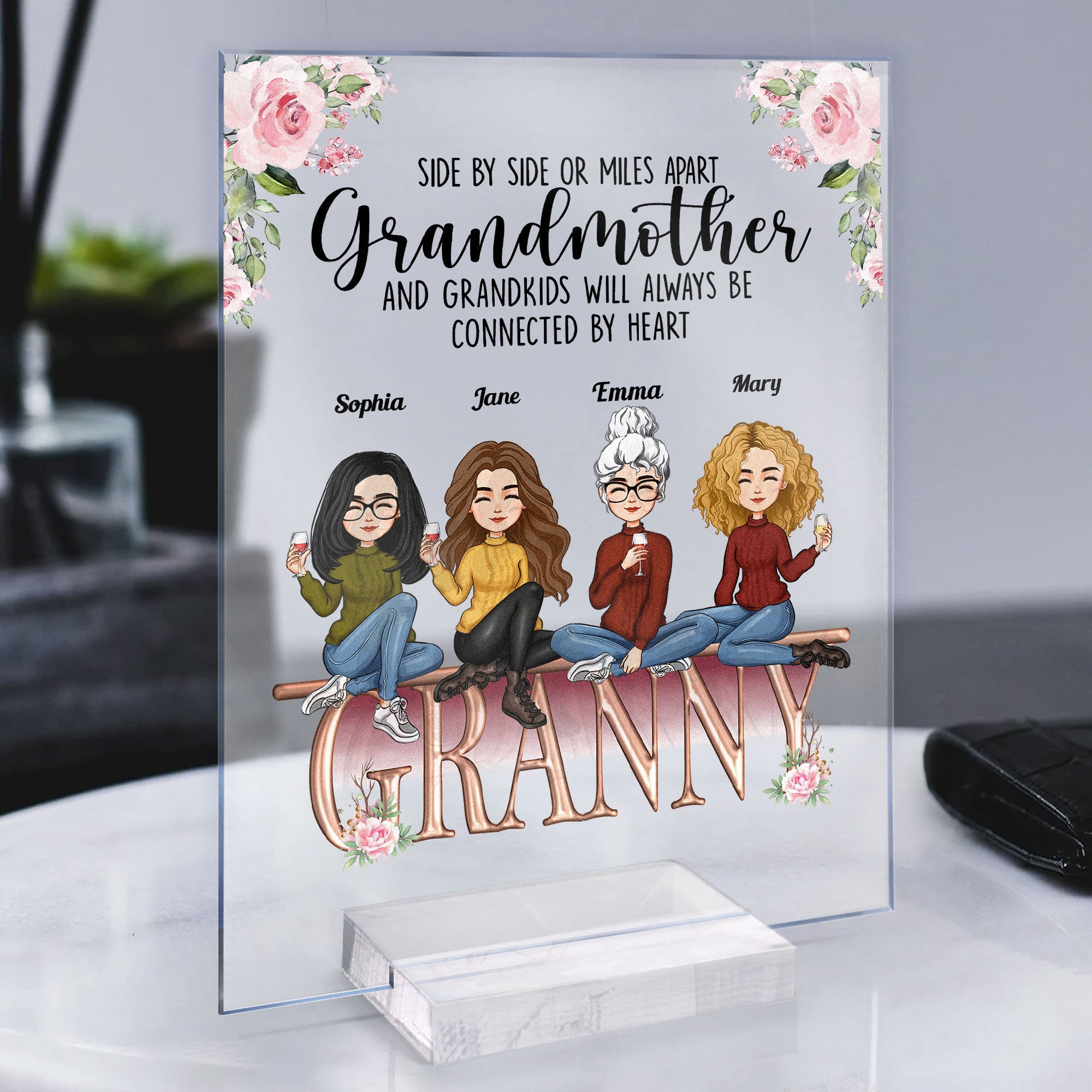 Grandmother And Grandkids Will Always Connected By Heart - Personalized Acrylic Plaque