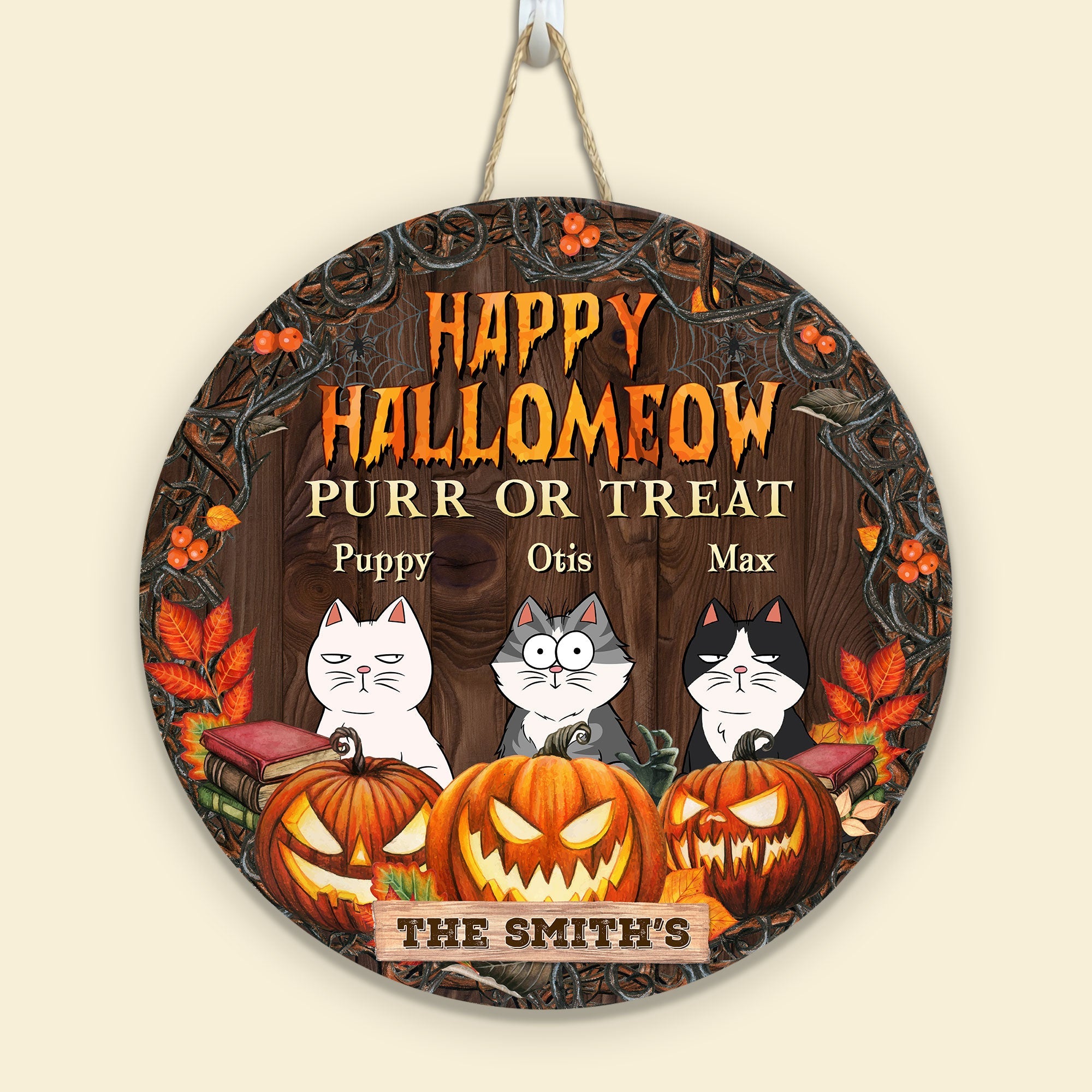 Happy Hallomeow - Personalized Round Wood Sign