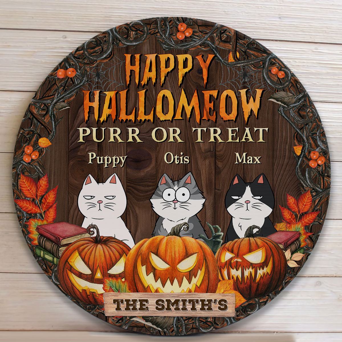 Happy Hallomeow - Personalized Round Wood Sign