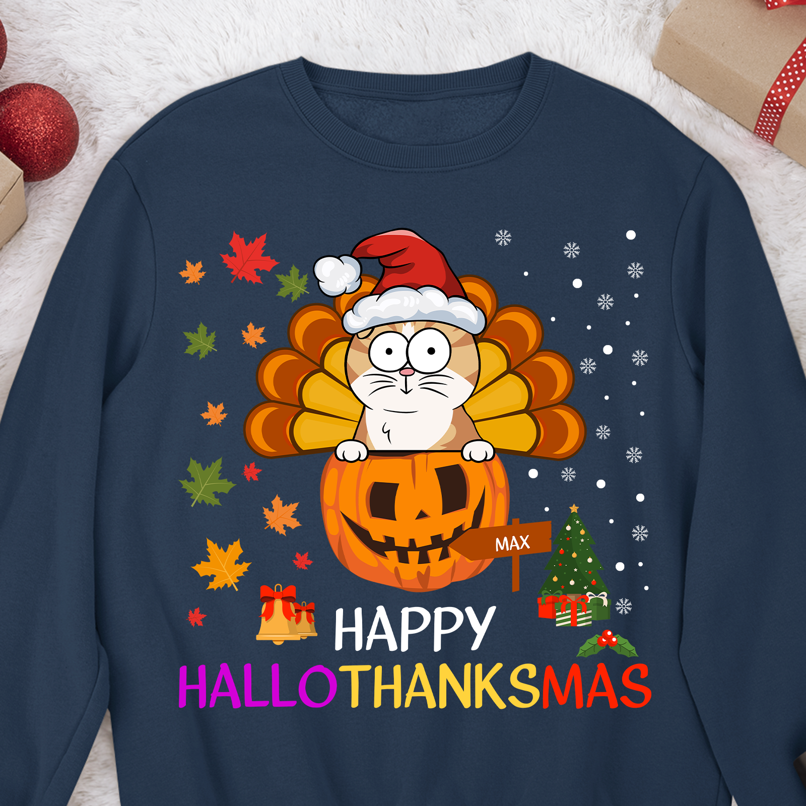 Happy Hallothanksmas With Pet Cat Dog - Personalized Sweatshirt