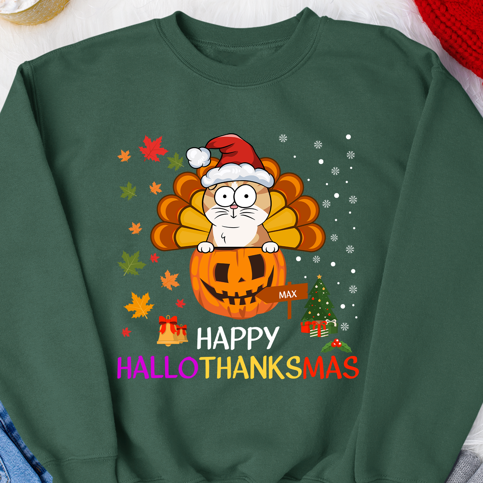 Happy Hallothanksmas With Pet Cat Dog - Personalized Sweatshirt