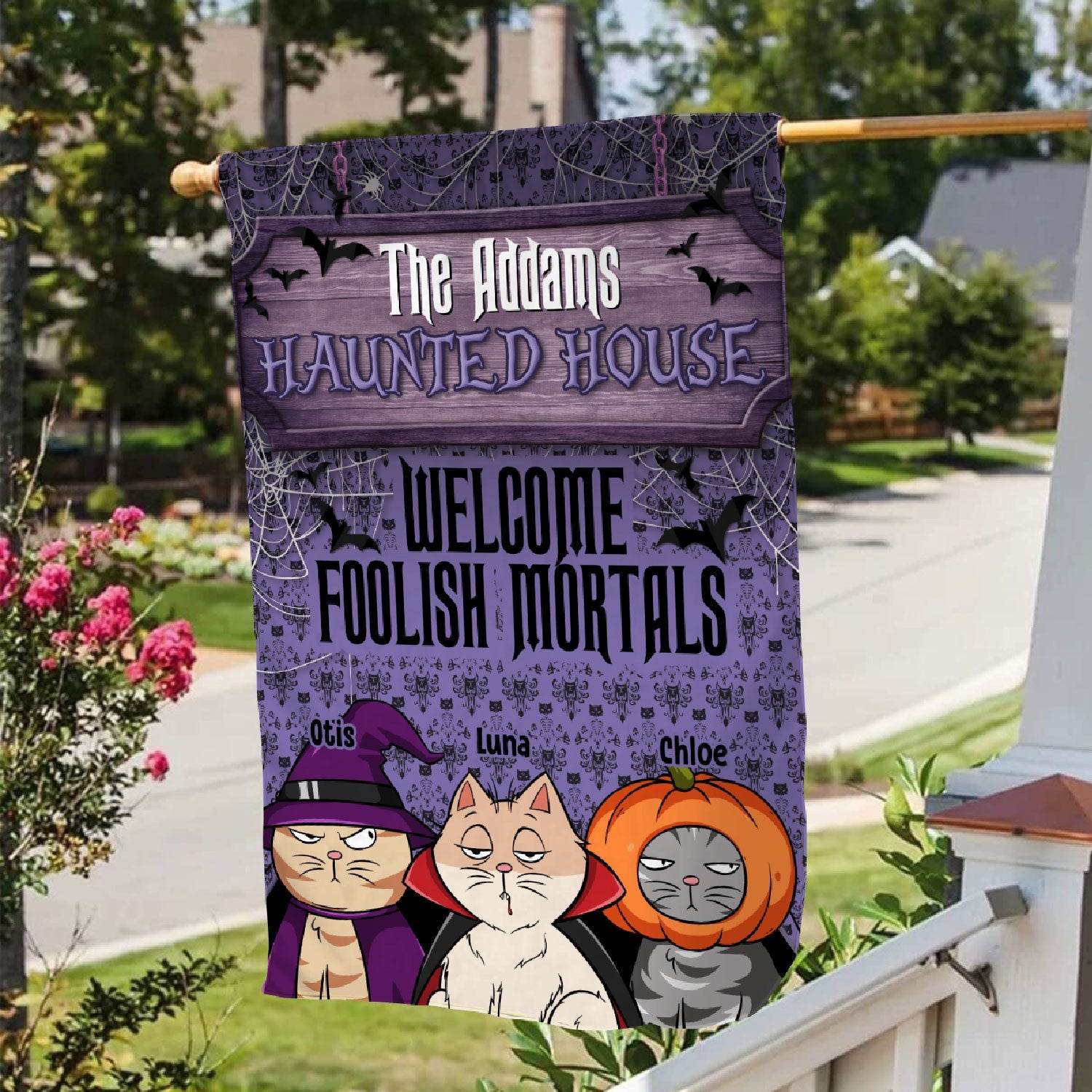 Haunted House Welcome Foolish Mortals - Personalized Flag