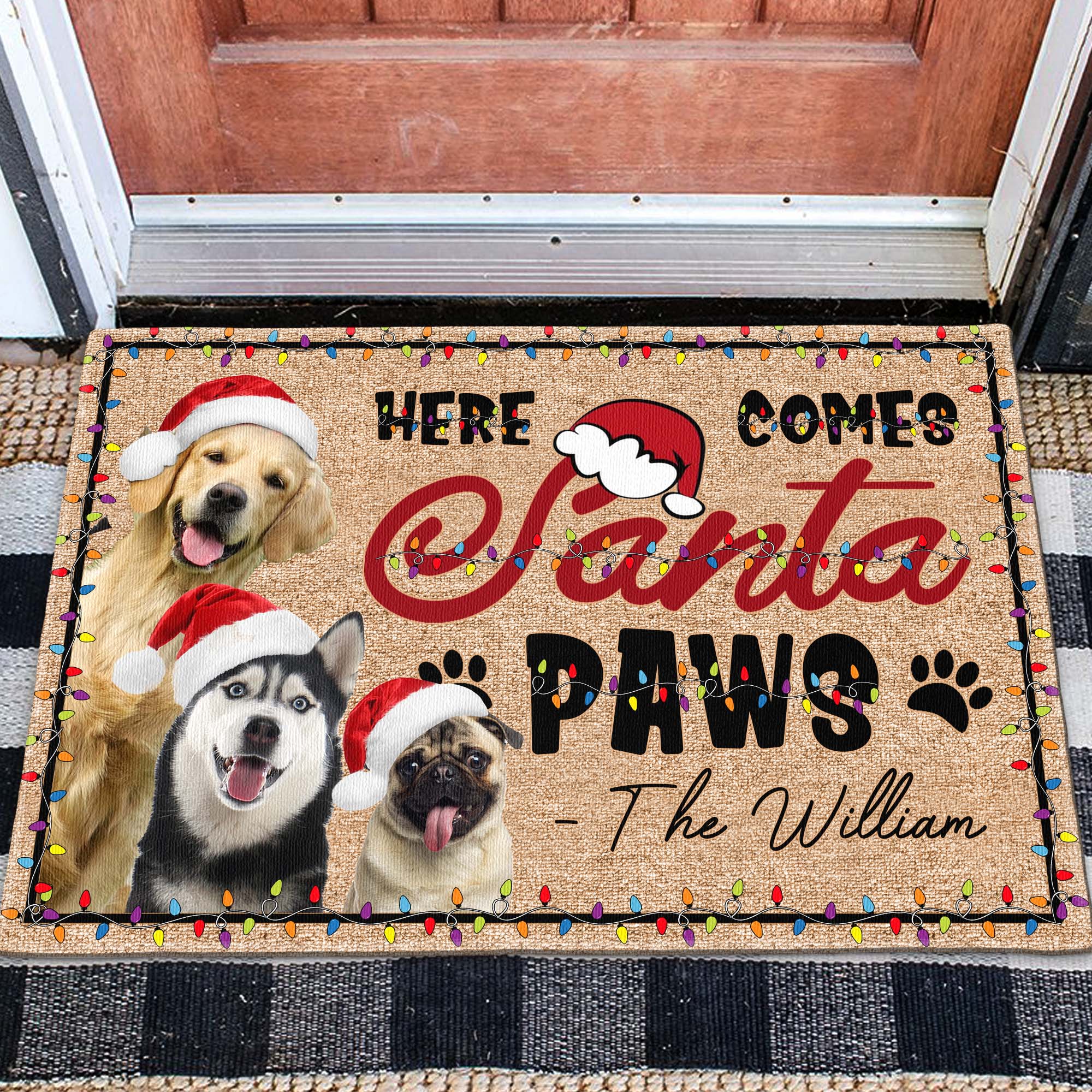 Here Comes Santa Paws Christmas Pets Dogs Cats - Personalized Photo Doormat