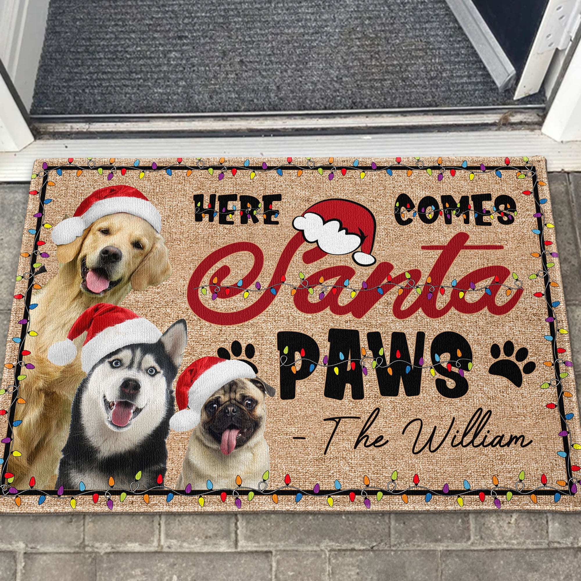 Here Comes Santa Paws Christmas Pets Dogs Cats - Personalized Photo Doormat