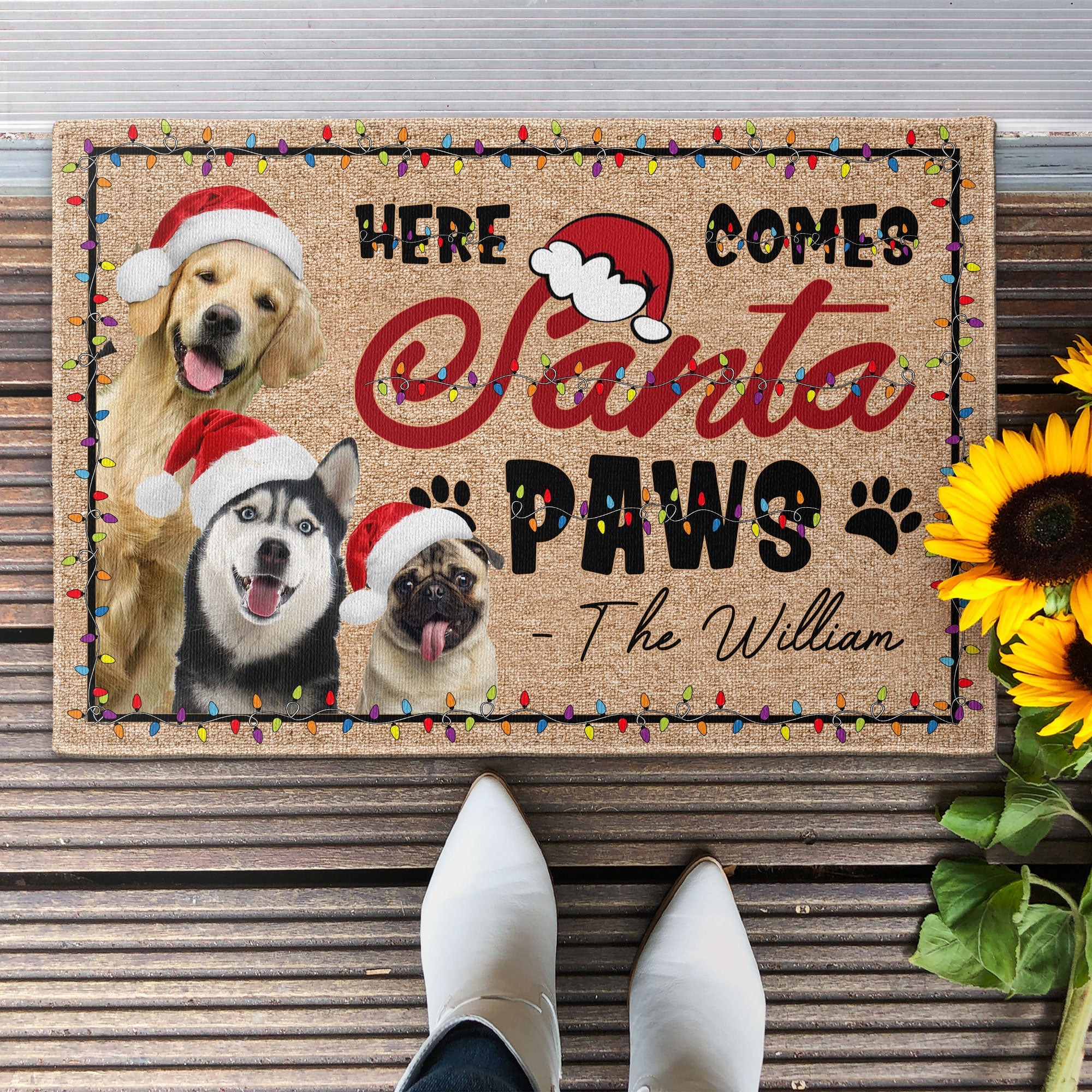 Here Comes Santa Paws Christmas Pets Dogs Cats - Personalized Photo Doormat