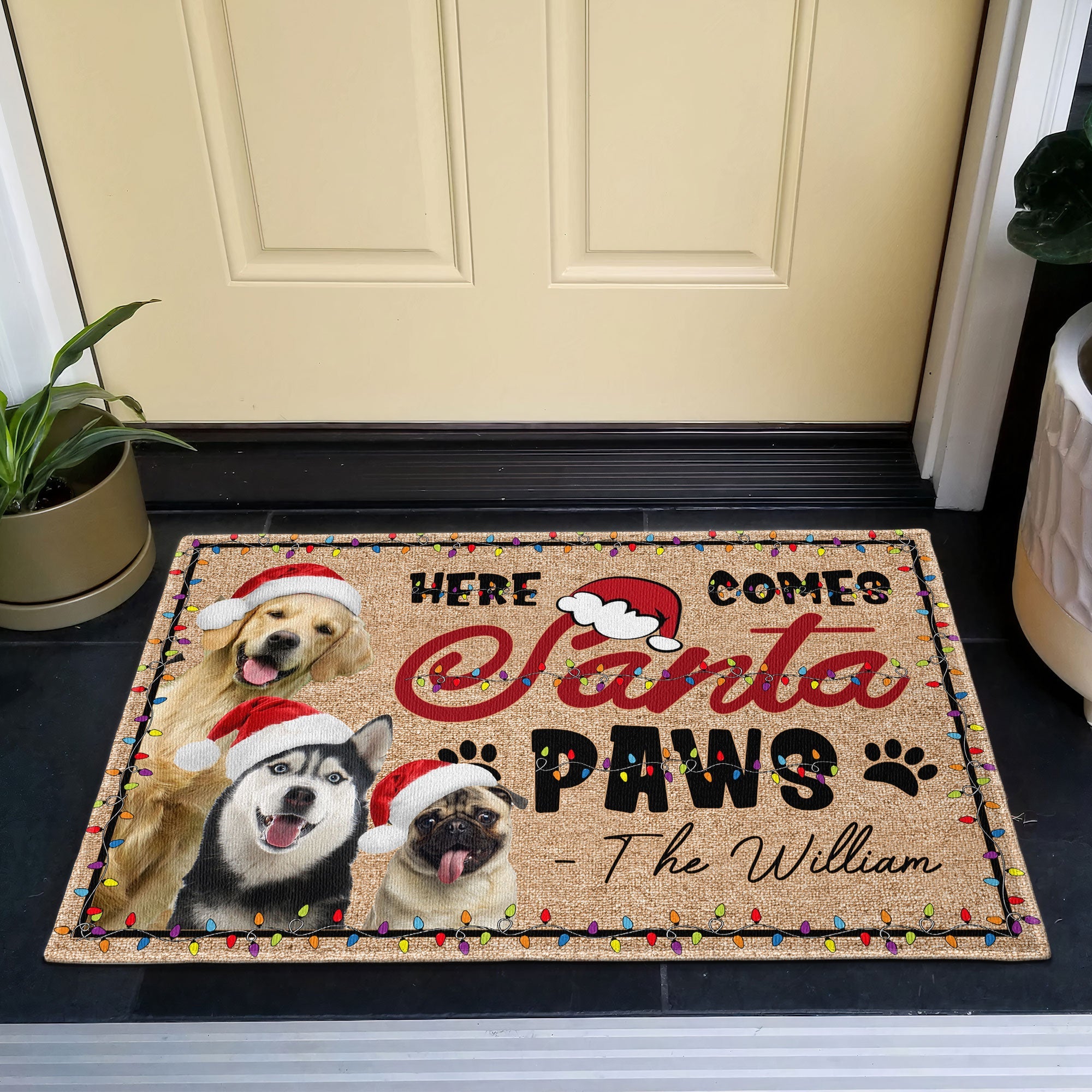 Here Comes Santa Paws Christmas Pets Dogs Cats - Personalized Photo Doormat