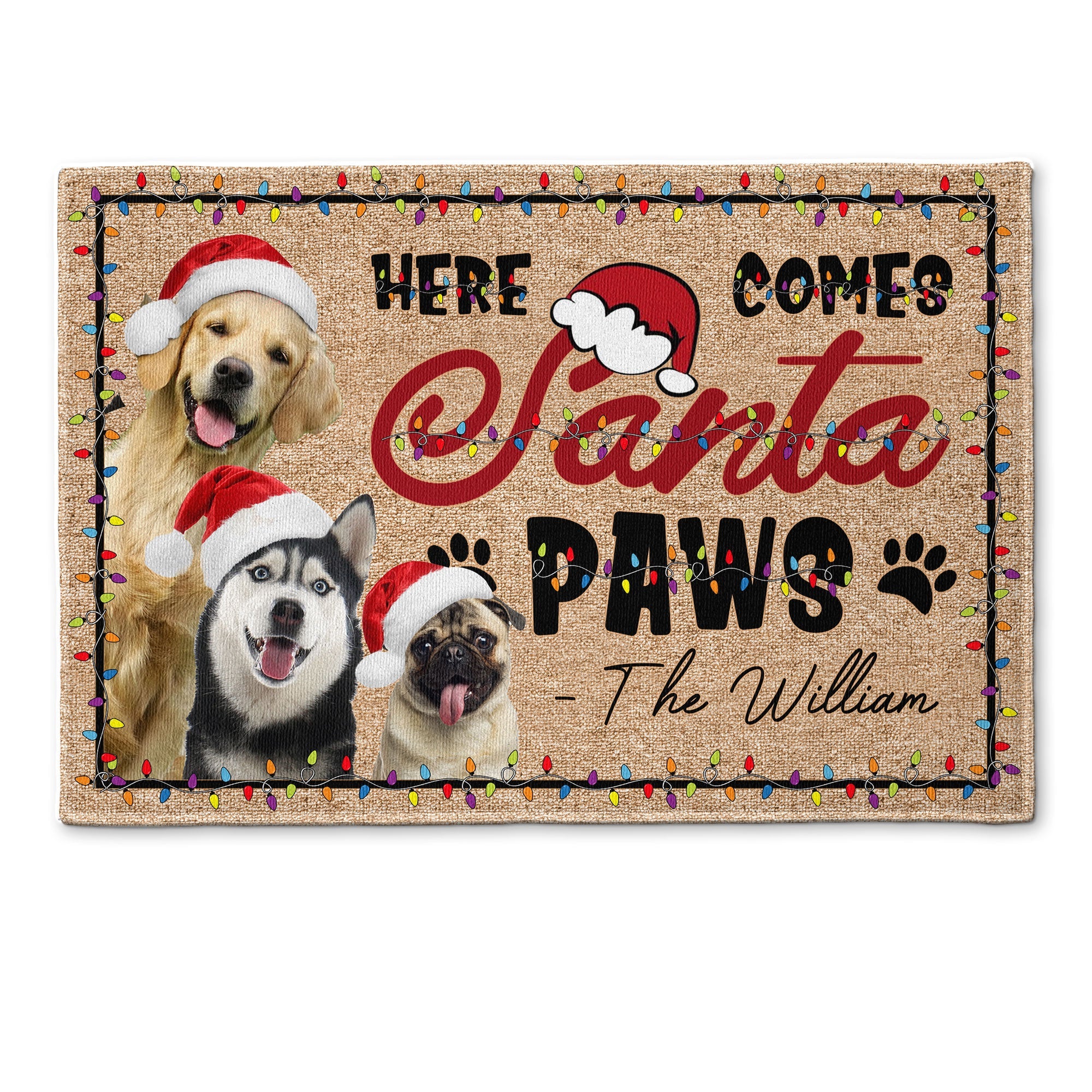 Here Comes Santa Paws Christmas Pets Dogs Cats - Personalized Photo Doormat