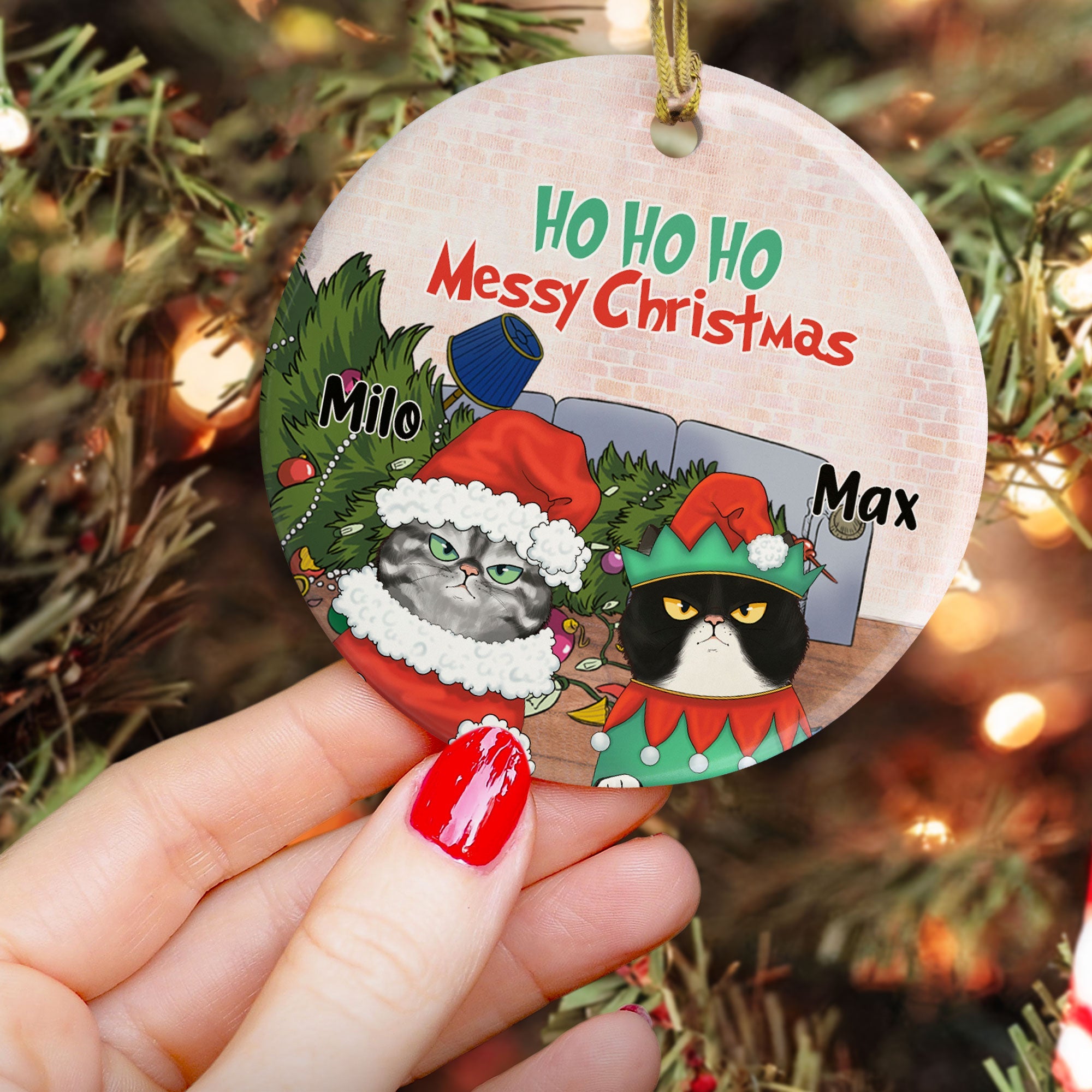 Ho Ho Ho Messy Christmas - Personalized Aluminum Ornament - Christmas Gift For Cat Lovers