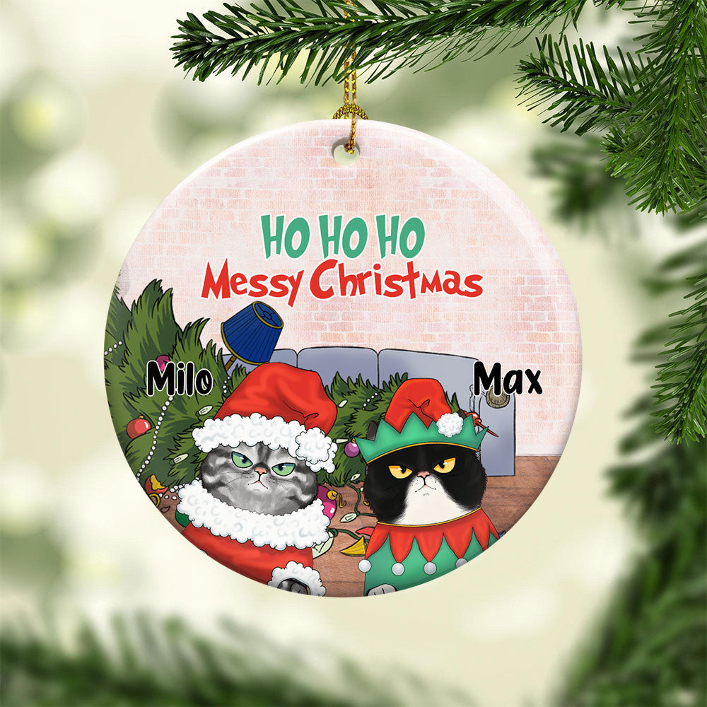 Ho Ho Ho Messy Christmas - Personalized Aluminum Ornament - Christmas Gift For Cat Lovers