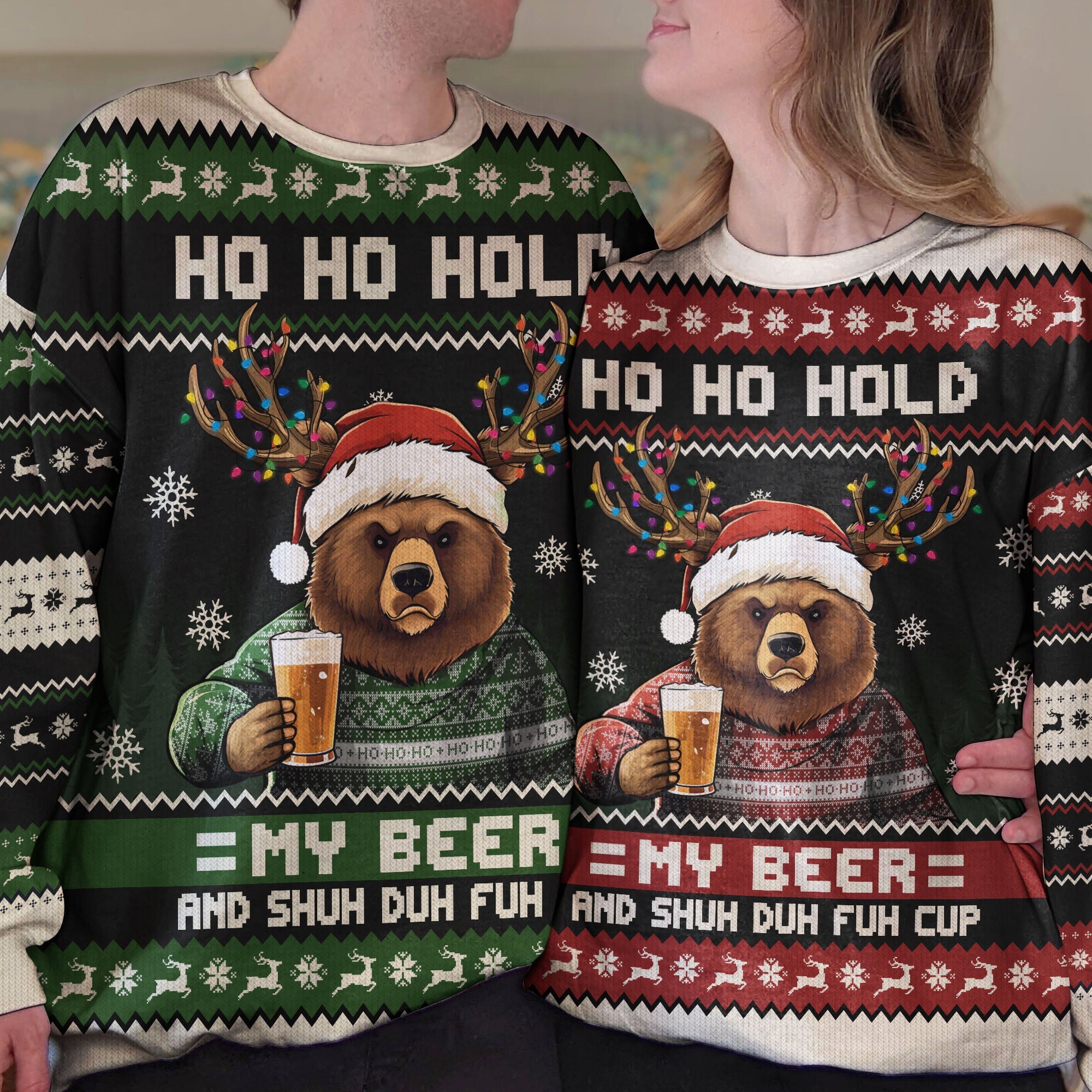 Ho Ho Hold My Beer, Bourbon, Wine And Shuh Duh Fuh Cup - Personalized Ugly Sweater