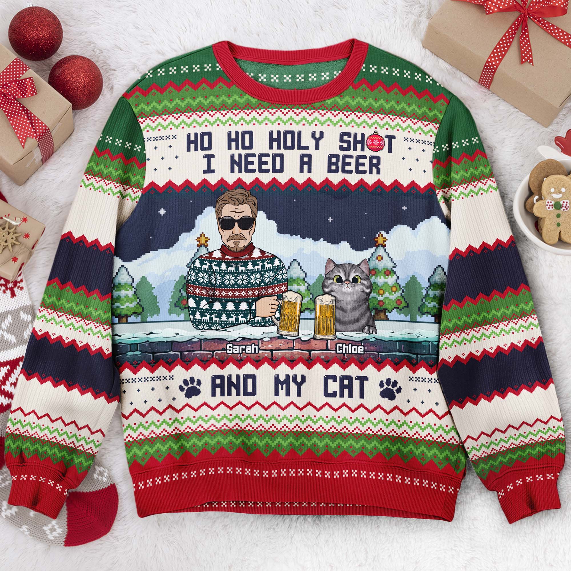 Ho Ho Holy I Need A Beer Bourbon Wine And My Cats - Personalized Ugly Sweater