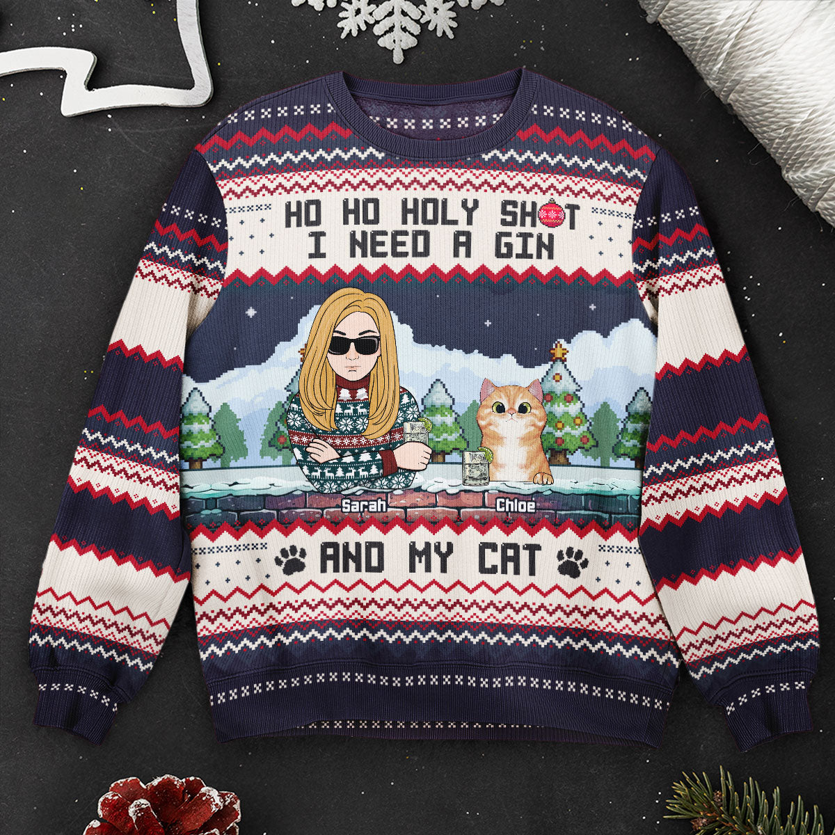 Ho Ho Holy I Need A Beer Bourbon Wine And My Cats - Personalized Ugly Sweater