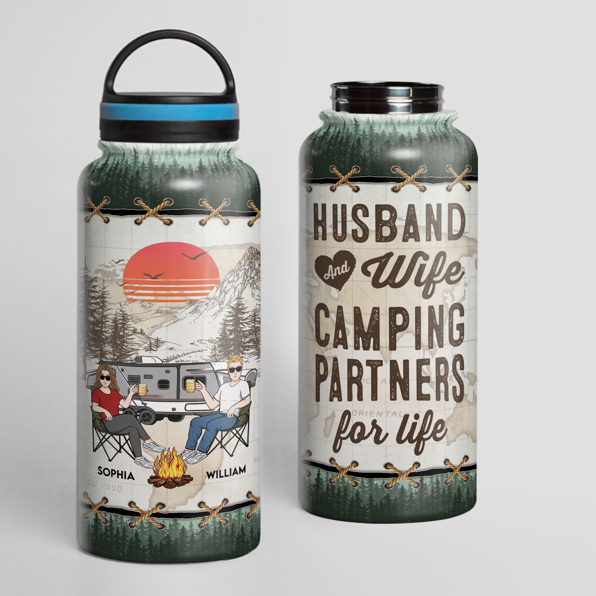 Husband And Wife Camping Partners For Life - Personalized Steel Water Bottle