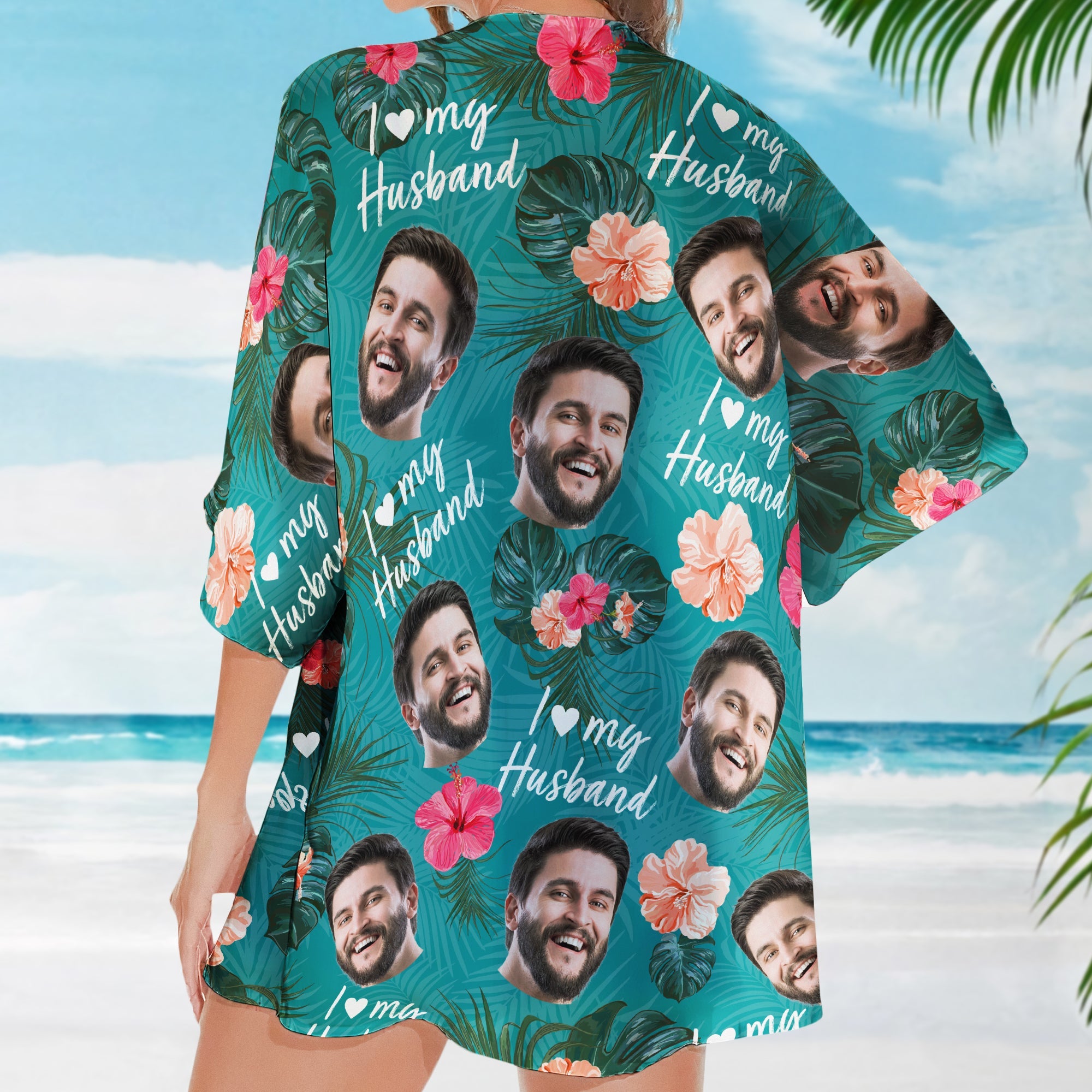 I Love My Husband - Personalized Photo Women's Kimono Chiffon Cover Up