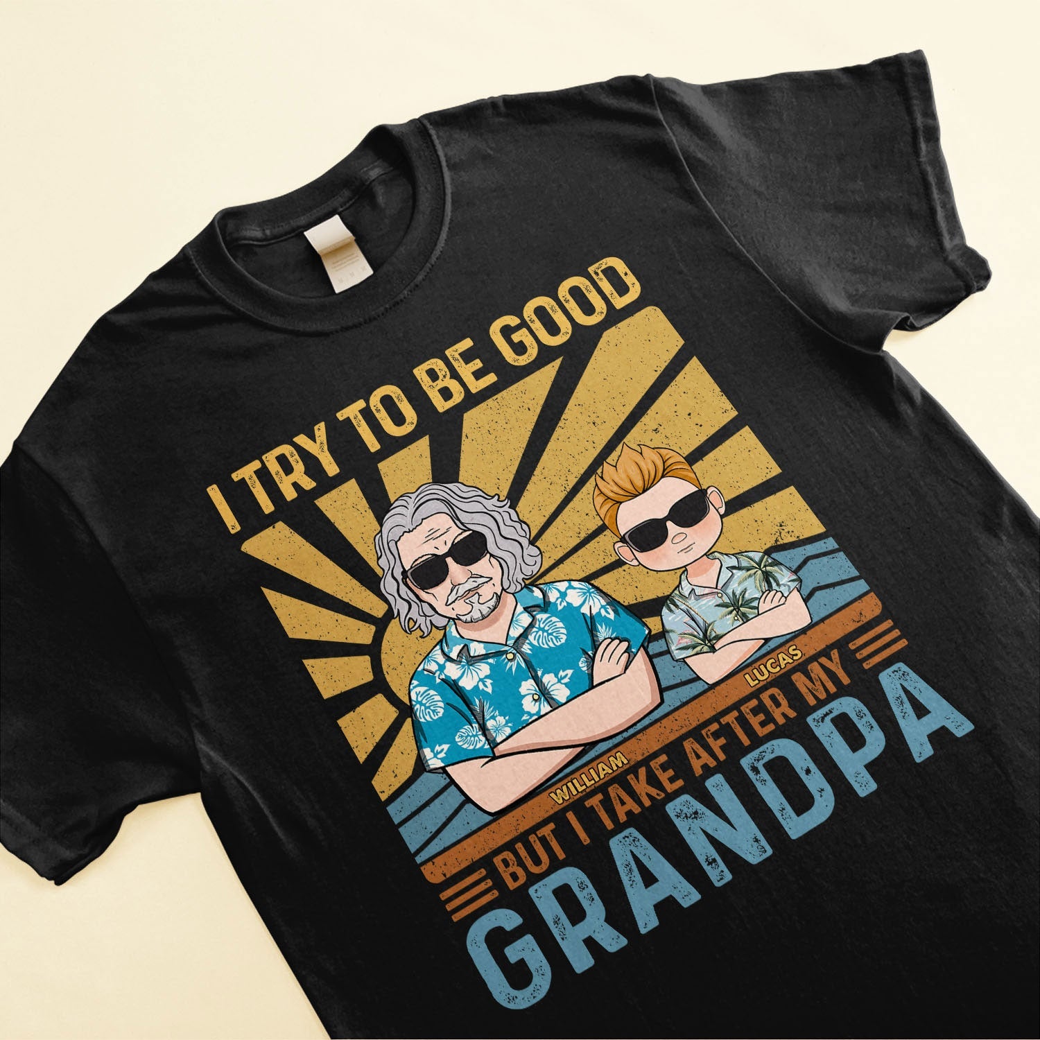 I Try To Be Good But I Take After My Grandpa Grandma - Personalized Shirt - Funny Birthday Summer Gift For Kids, Grandsons, Granddaughters