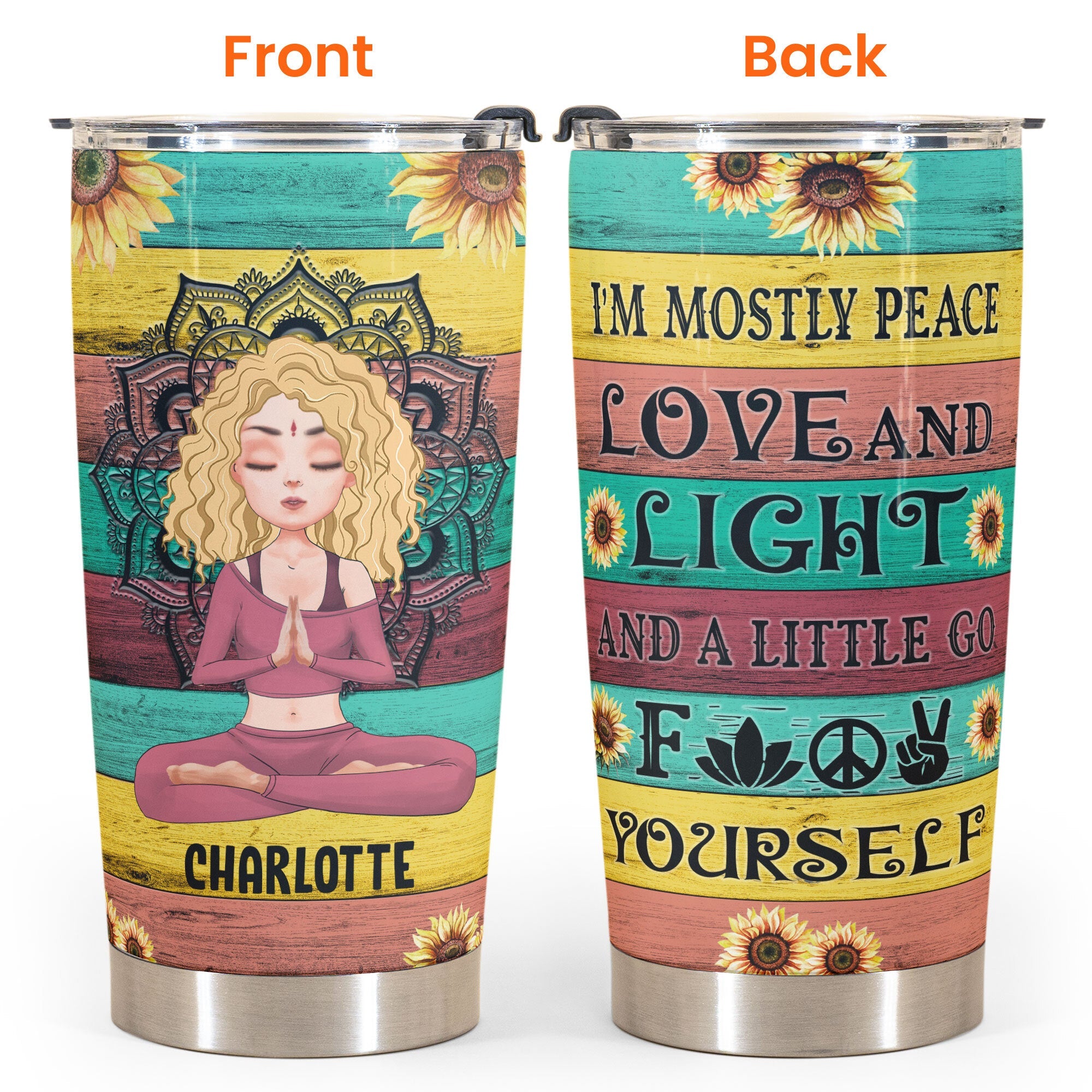 I'm Mostly Peace Love And Light - Personalized Tumbler Cup - Gift For Yoga Lover - Yoga Girl Illustration