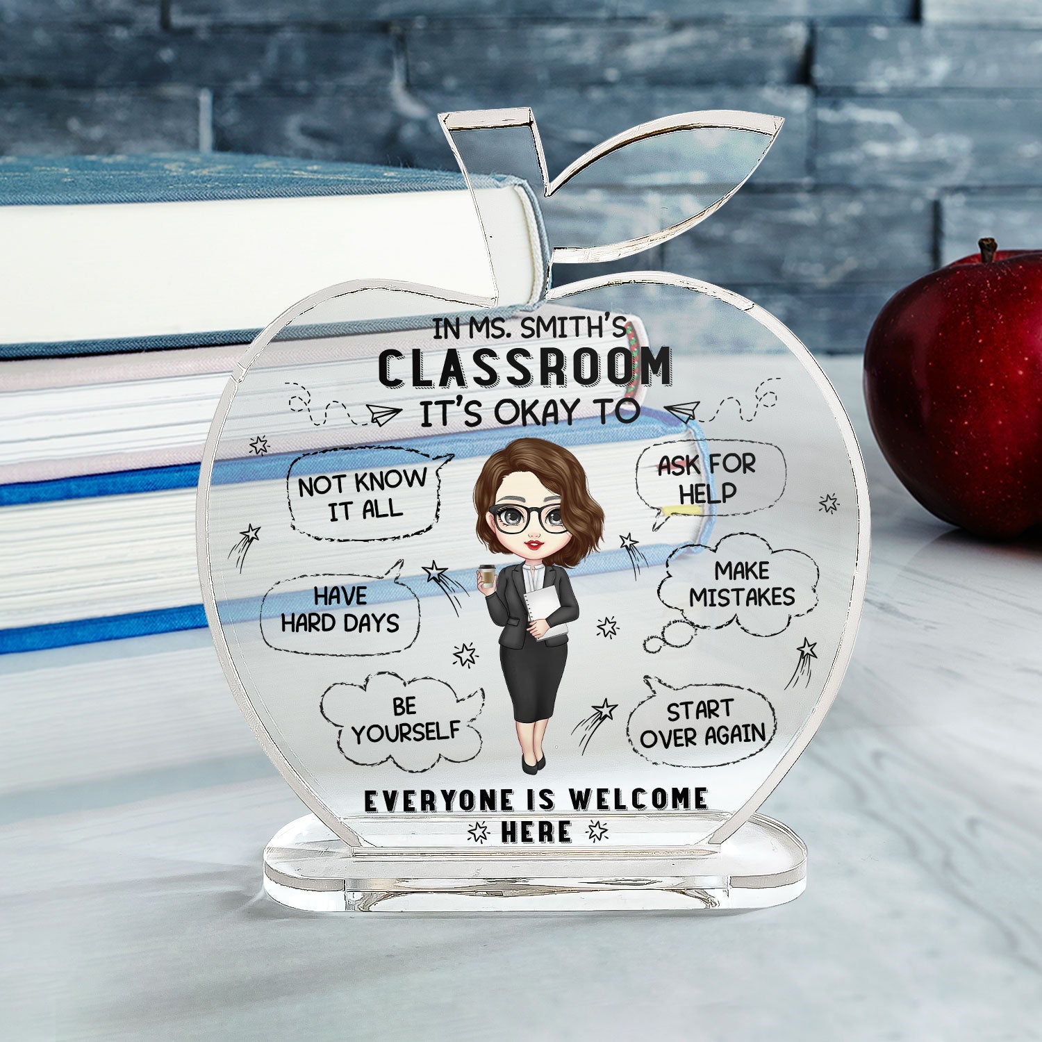 In Teacher Classroom - Personalized Apple Shaped Acrylic Plaque - Birthday, School Leaving, Appreciation Gift For Teachers