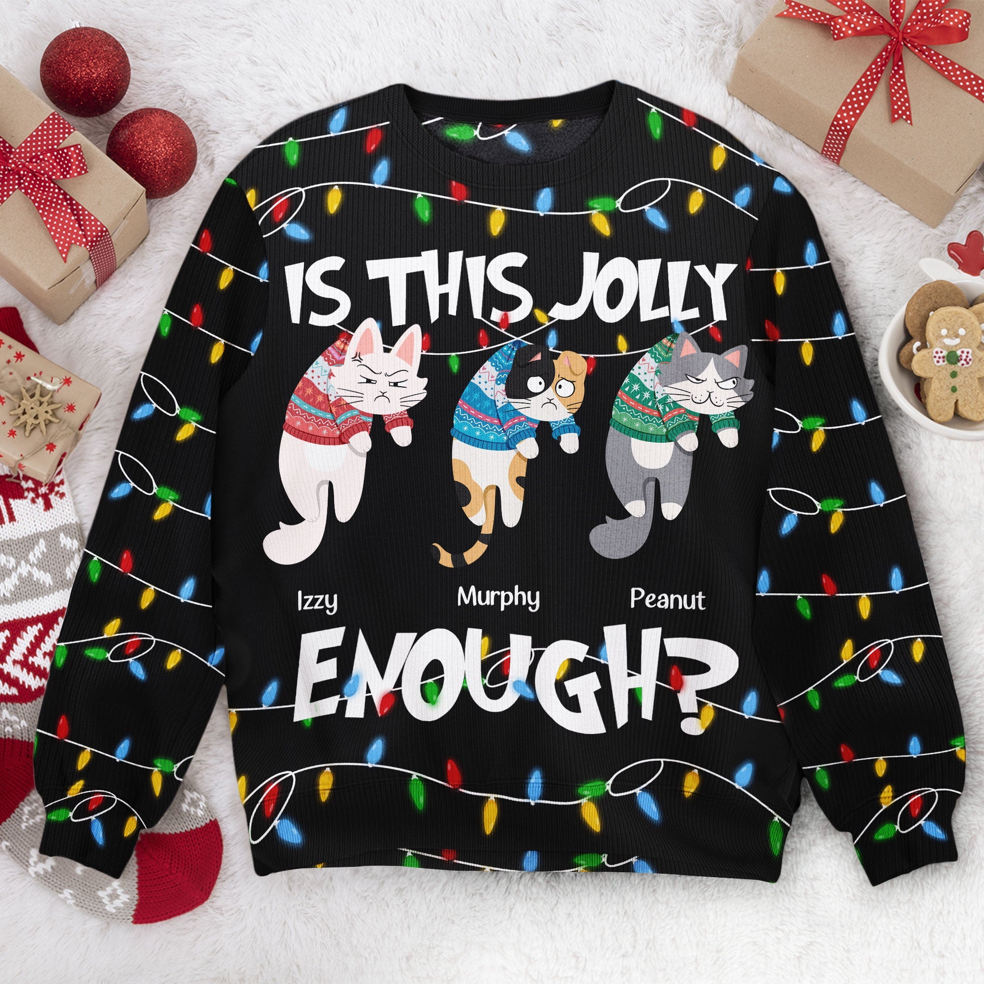 Is This Jolly Enough - Hanging Cat 2 - Personalized Ugly Sweater