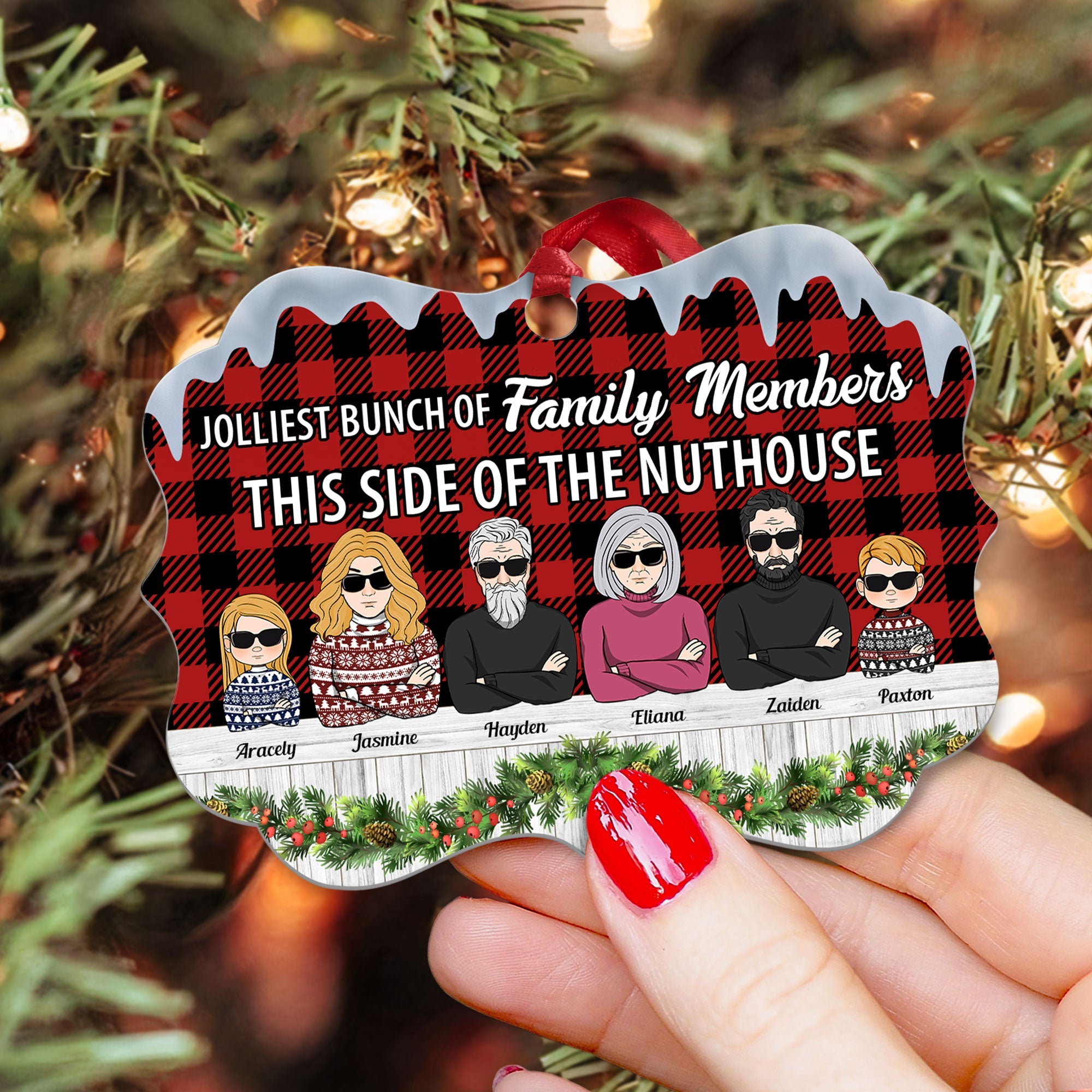 Jolliest Bunch Of Families - Personalized Aluminum Ornament - Christmas Gift For Family Member, Dad, Mom, Sisters, Brothers