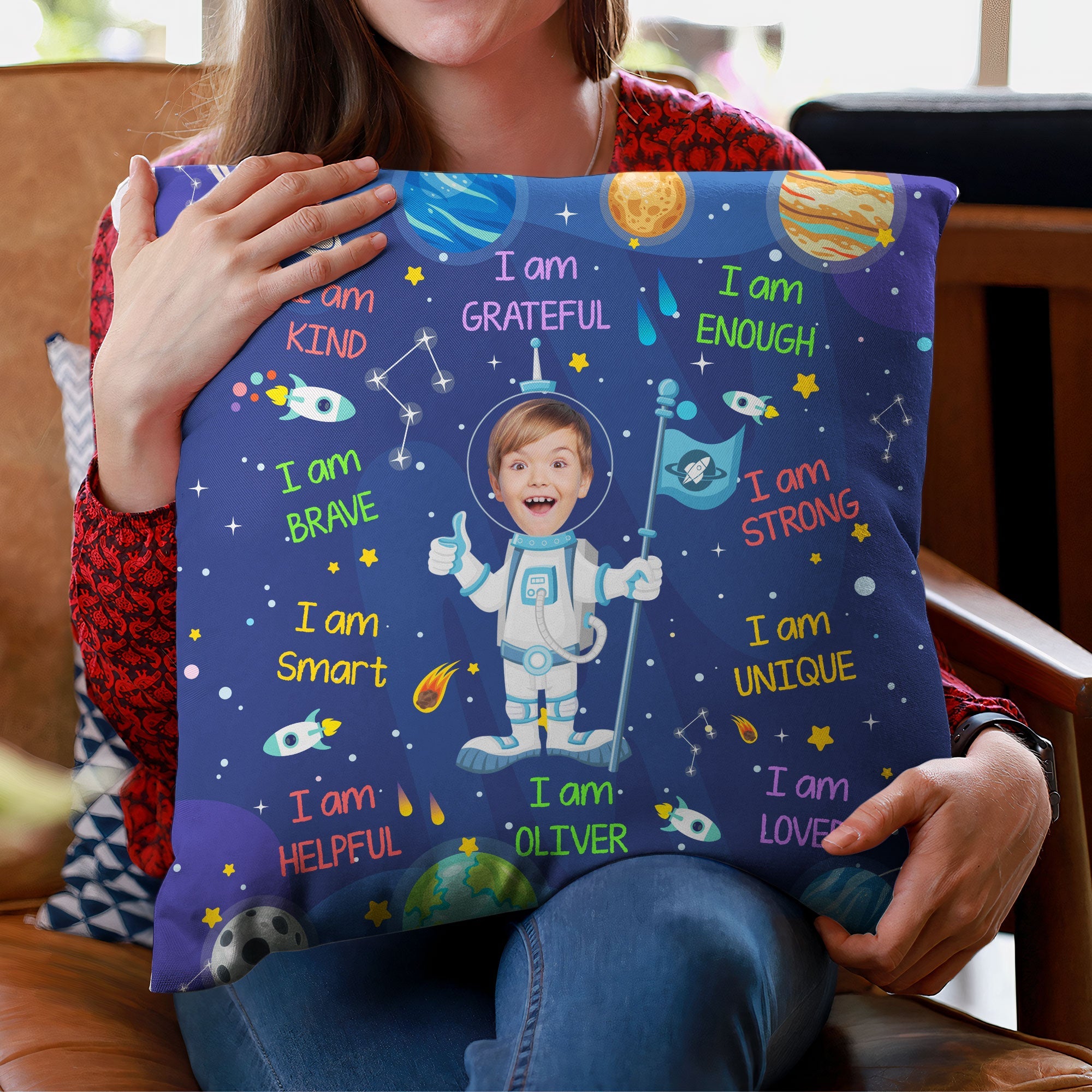 Kid Affirmations I Am Kind Smart Loved Astronaut - Personalized Photo Pillow (Insert Included)