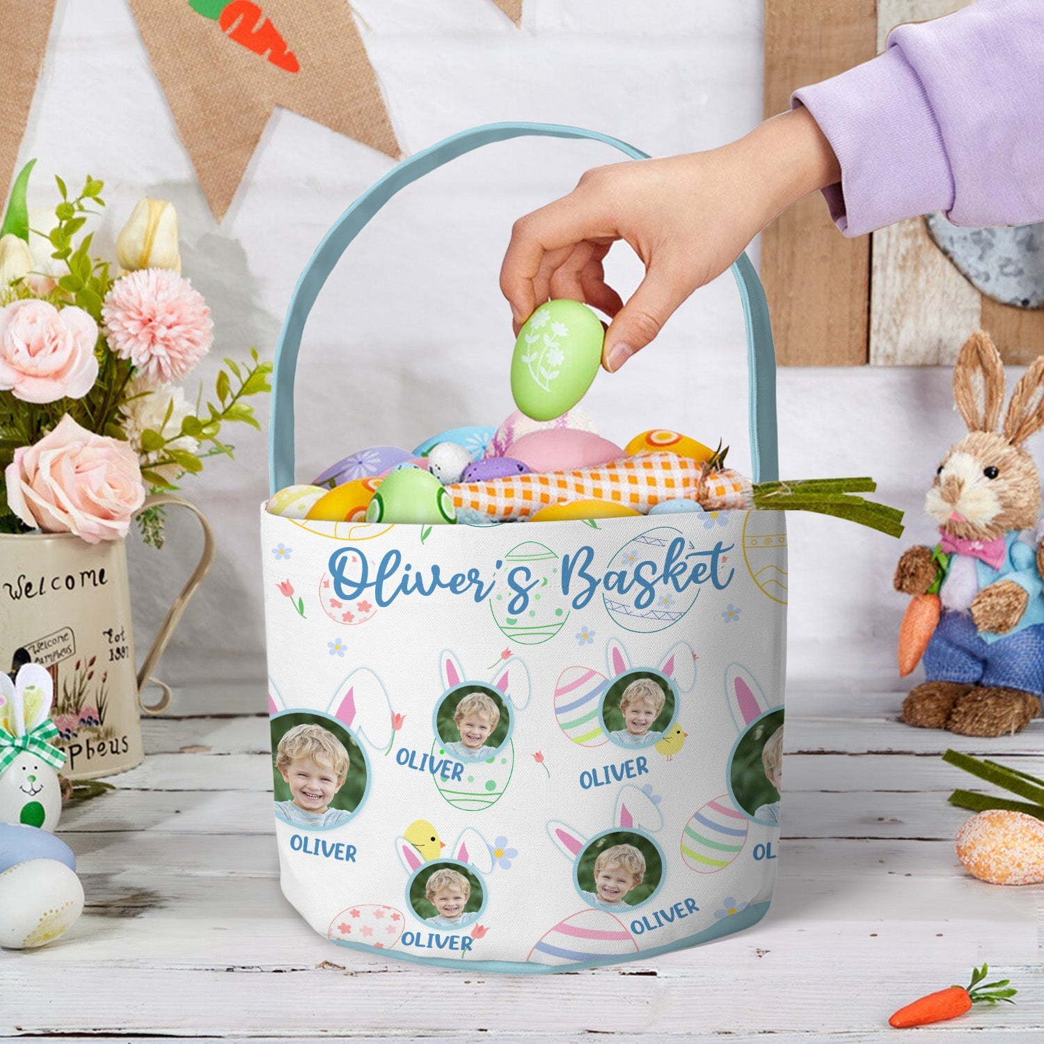 Kid Happy Easter With Bunny Ears - Personalized Photo Easter Basket