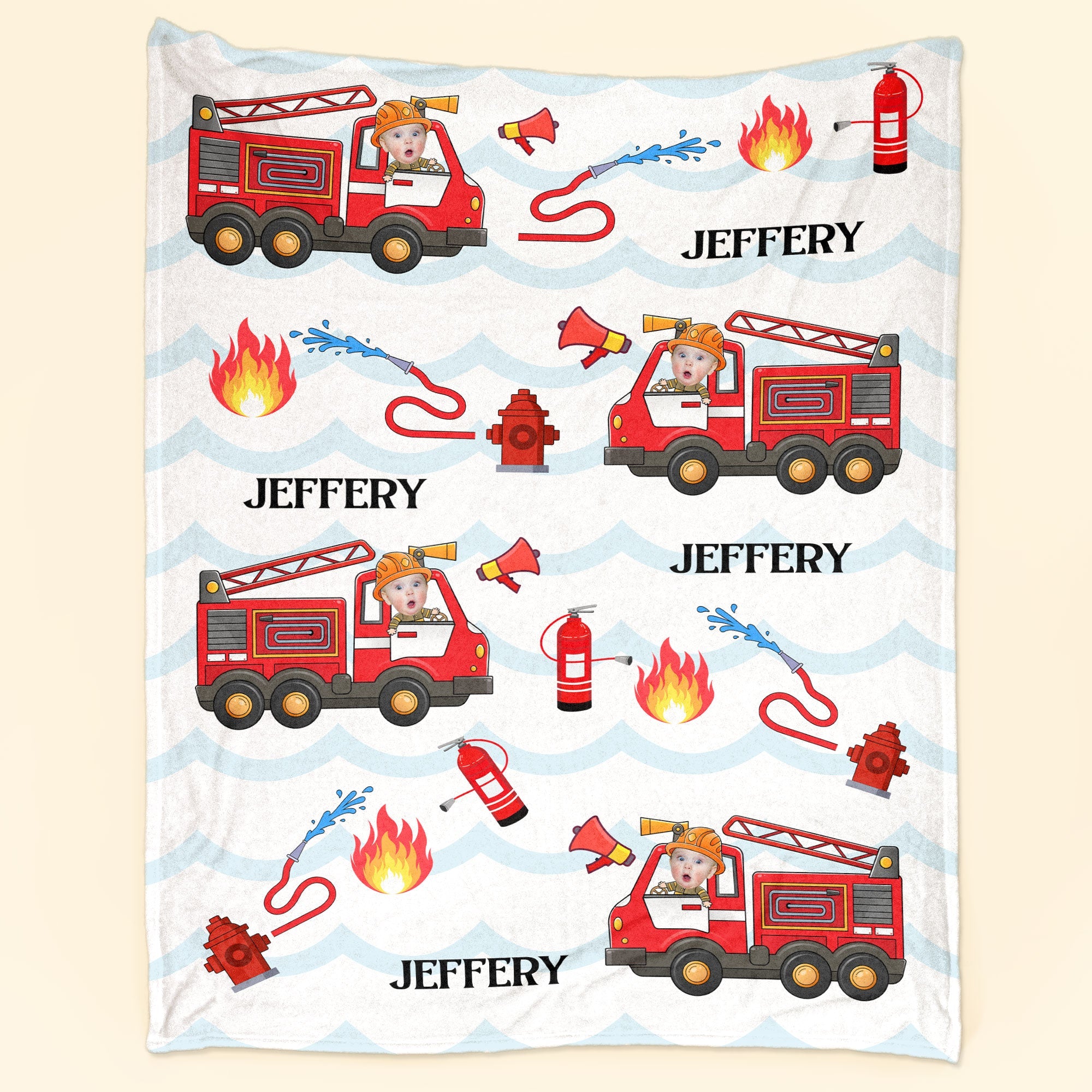 Kid Riding Fire Truck - Personalized Baby Photo Blanket