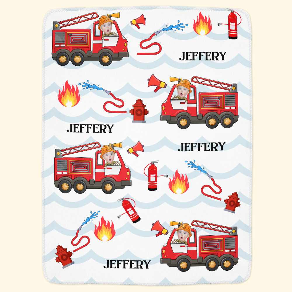 Kid Riding Fire Truck - Personalized Baby Photo Blanket