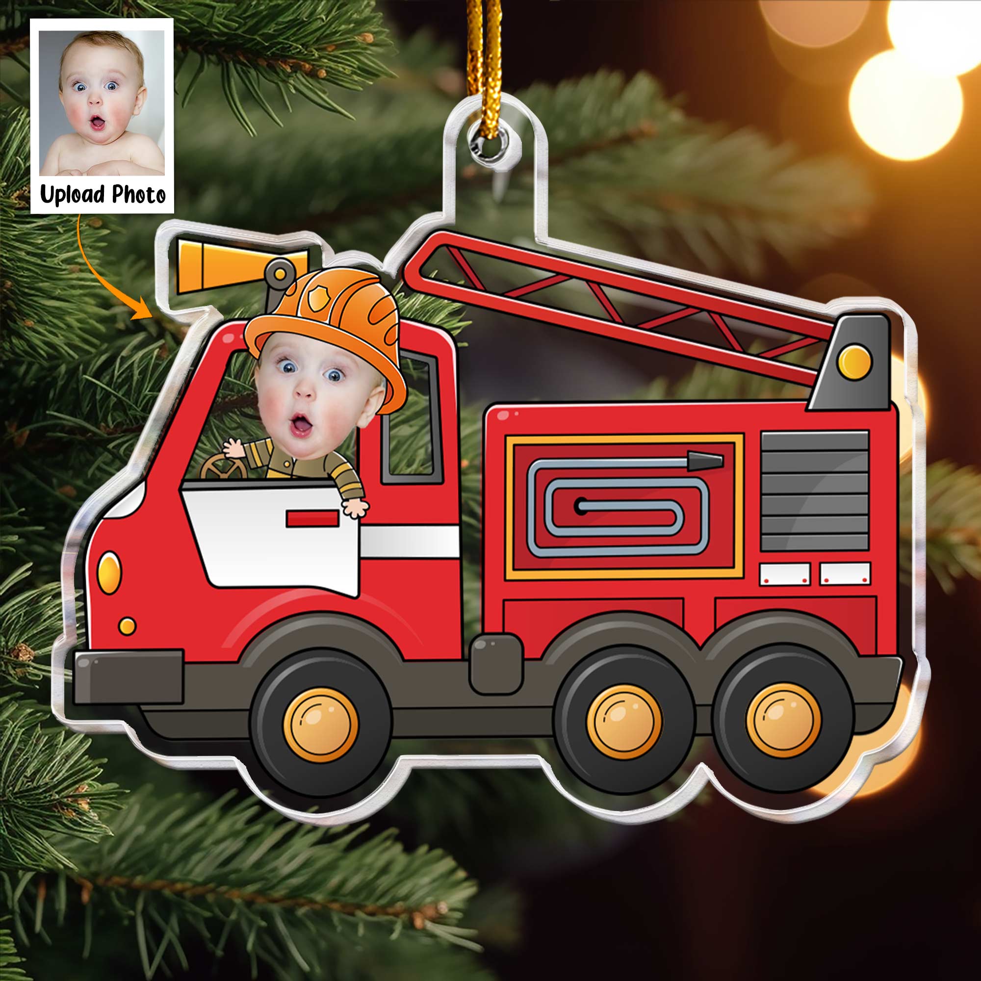 Kid Riding Fire Truck - Personalized Acrylic Photo Ornament