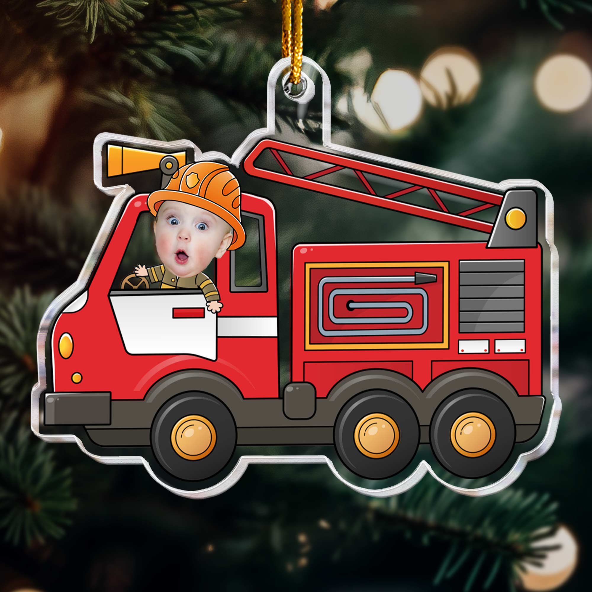 Kid Riding Fire Truck - Personalized Acrylic Photo Ornament