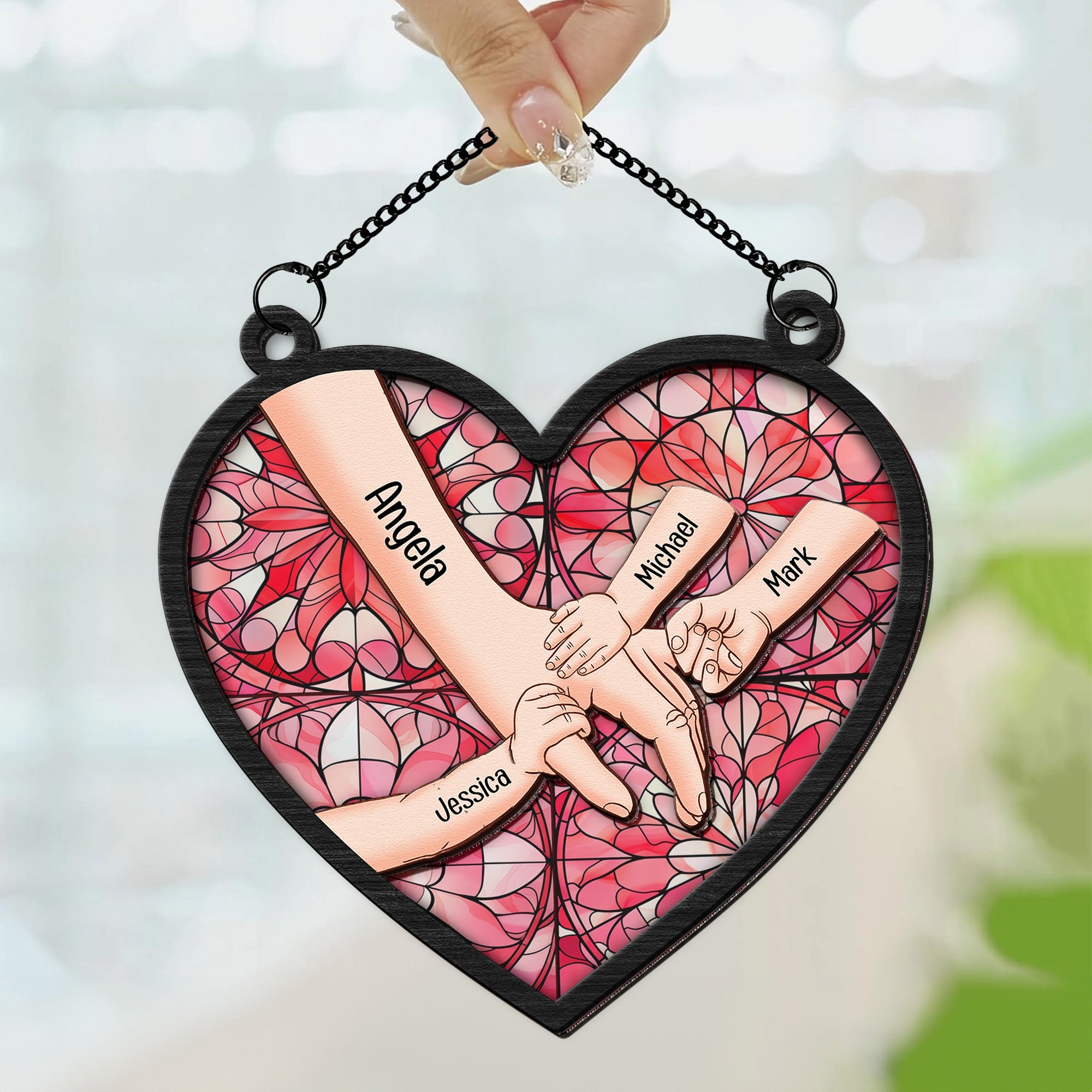 Kids Holding Mom Hand - Personalized Window Hanging Suncatcher Ornament Gift For Mother's Day