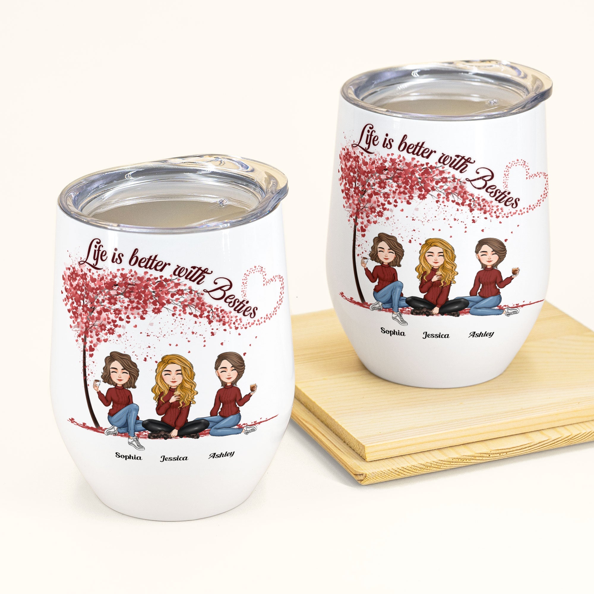 Life Is Better With Besties - Red Tree - Personalized Wine Tumbler - Christmas, New Year Gift For Sisters, Sistas, Besties, Soul Sisters