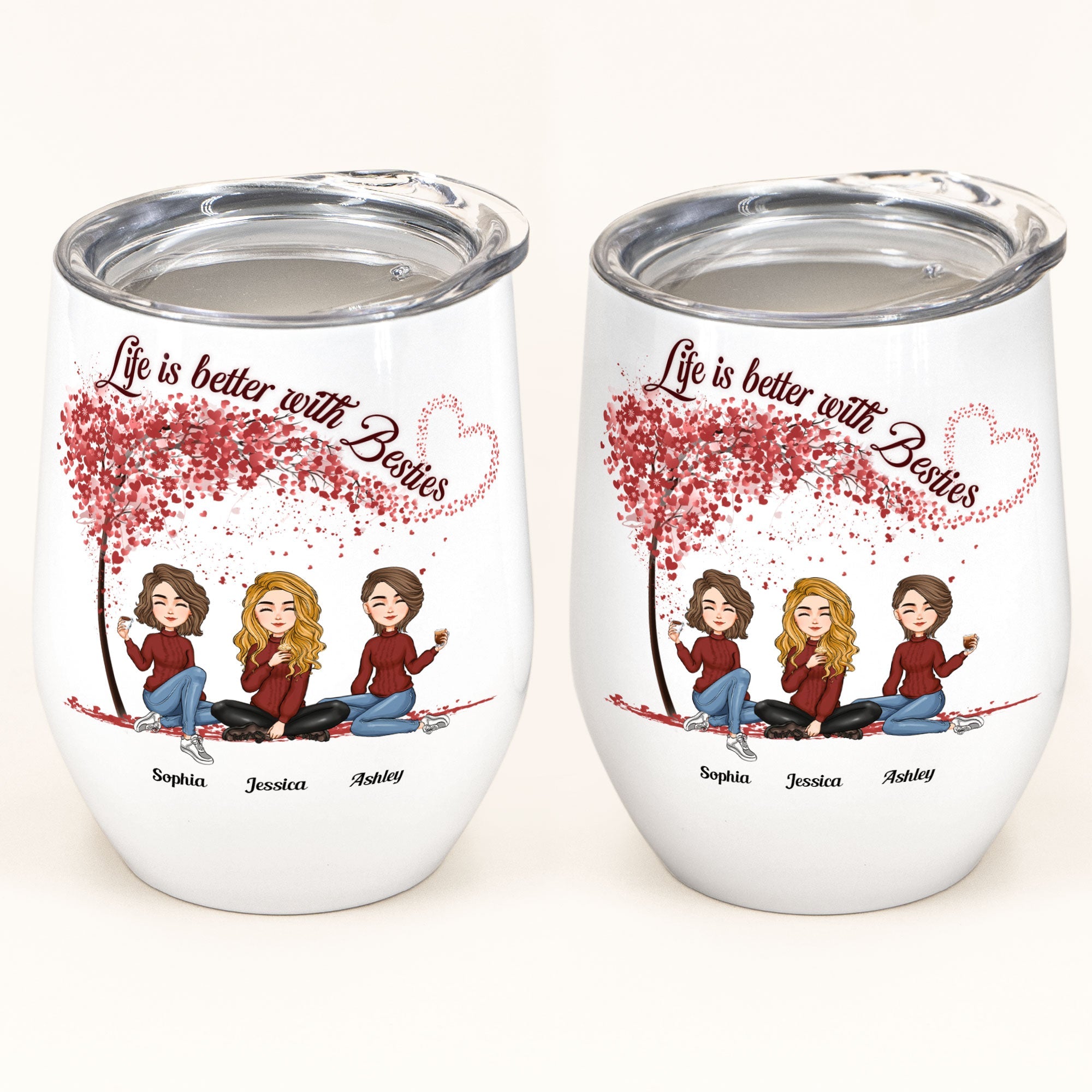 Life Is Better With Besties - Red Tree - Personalized Wine Tumbler - Christmas, New Year Gift For Sisters, Sistas, Besties, Soul Sisters