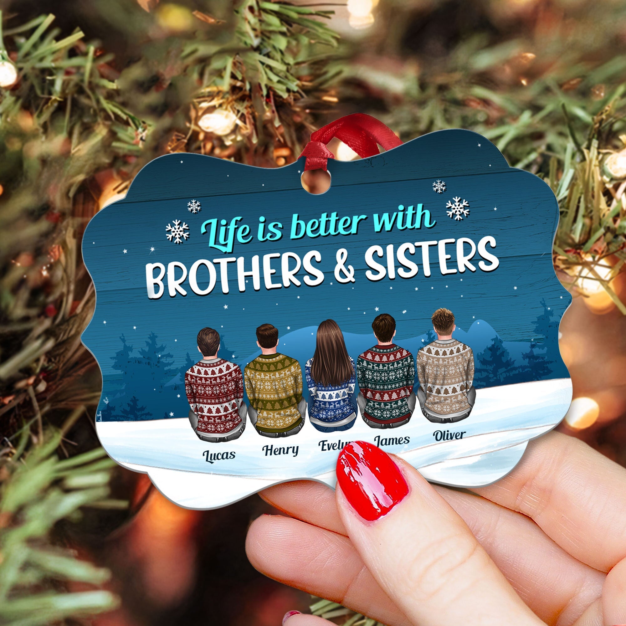 Life Is Better With Brothers & Sisters - Personalized Aluminum/Wooden Ornament - Ugly Christmas Sweater Sitting