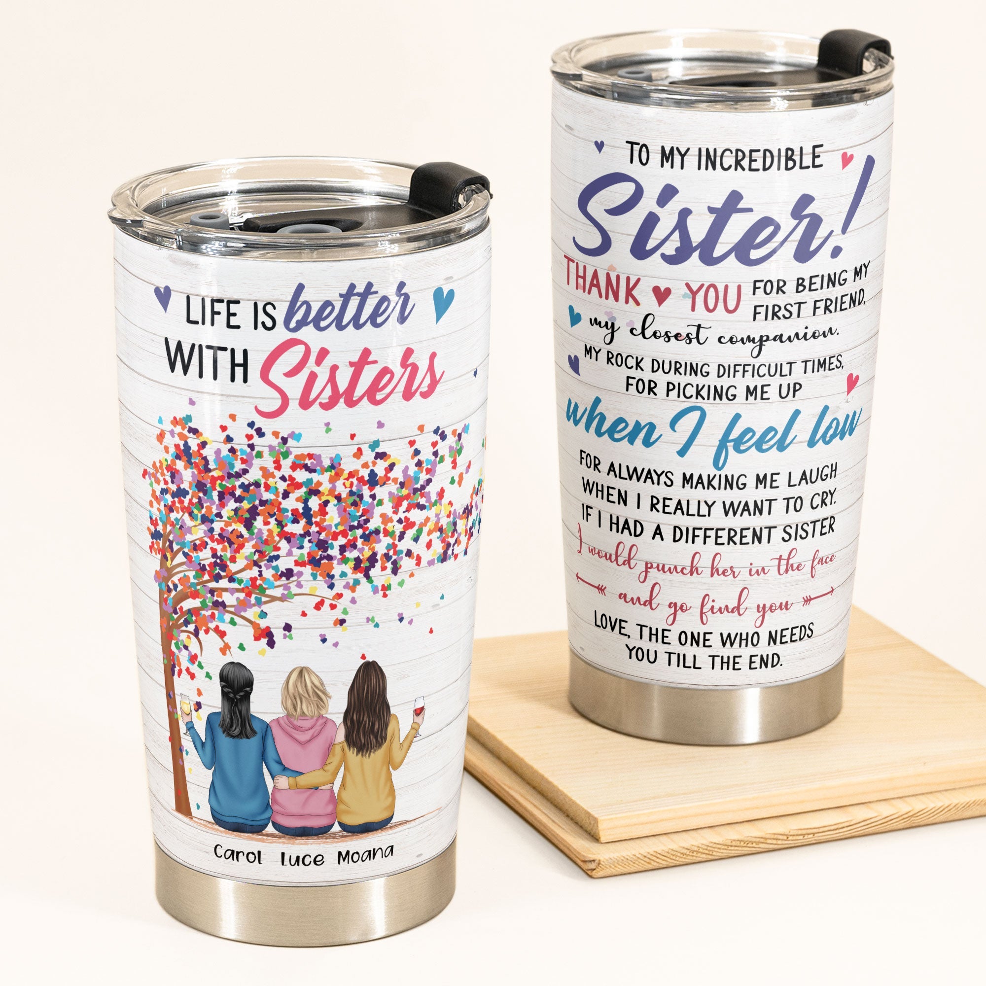 Life Is Better With Sister - Personalized Tumbler Cup - Gift For Sisters - Sisters Back Sitting