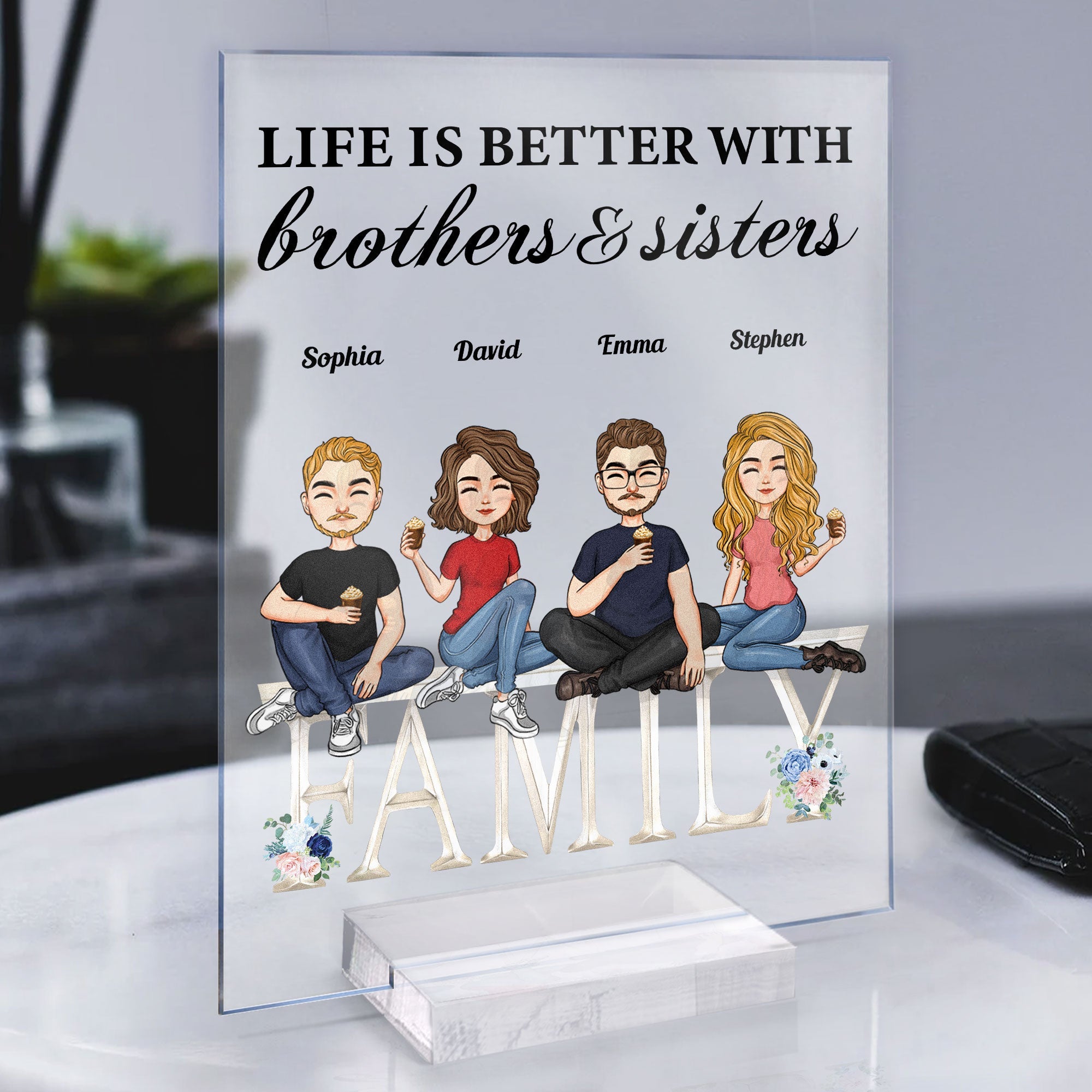 Life Is Better With Sisters And Brothers - Cartoon Version - Personalized Acrylic Plaque - Birthday, New Year Gift For Family, Sisters, Brothers, Siblings