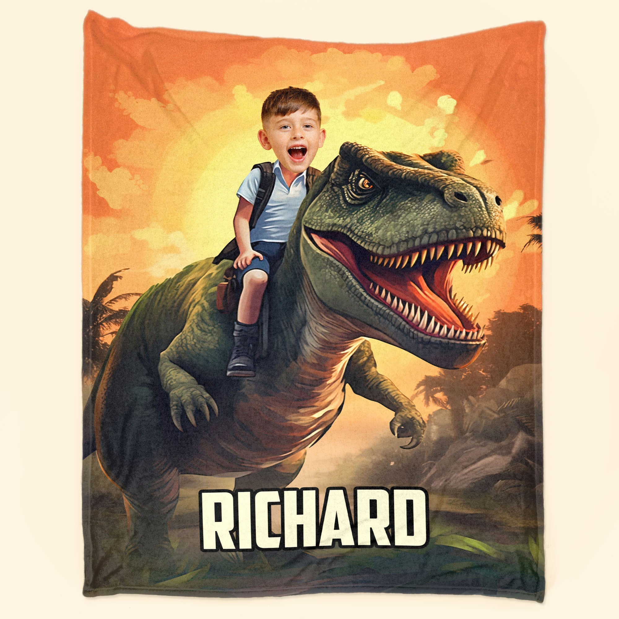 Little Boy Riding Dinosaur - Personalized Kid Photo Blanket