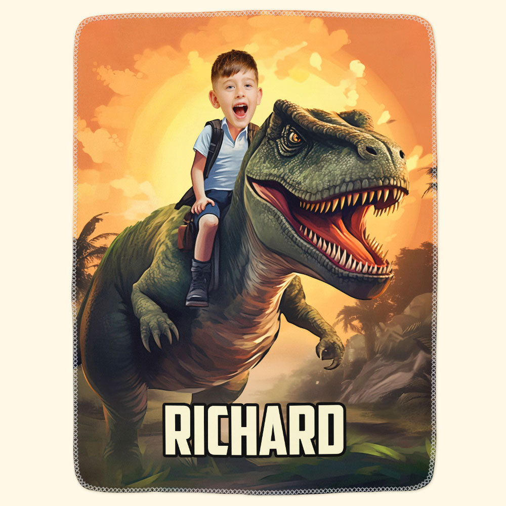 Little Boy Riding Dinosaur - Personalized Kid Photo Blanket