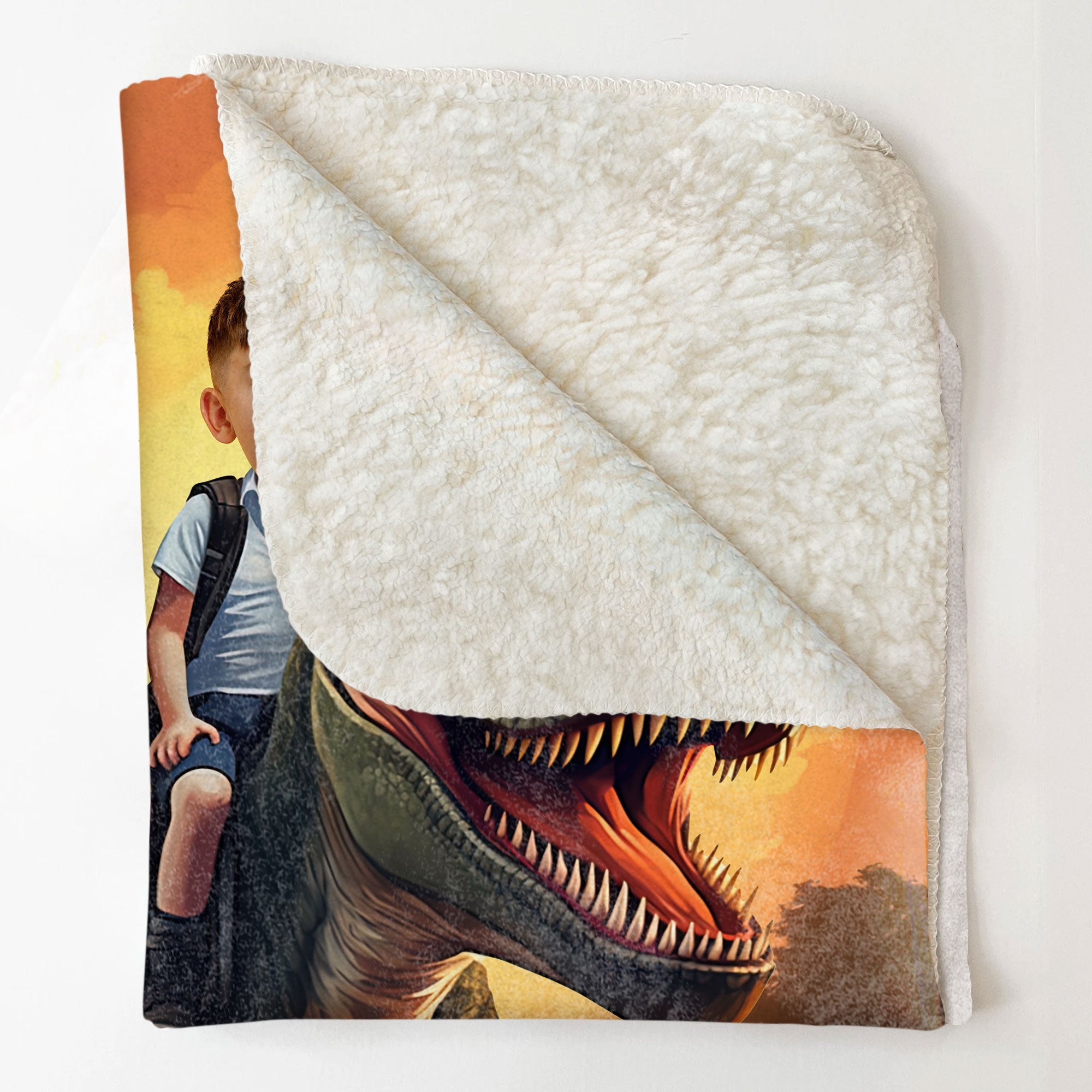 Little Boy Riding Dinosaur - Personalized Kid Photo Blanket