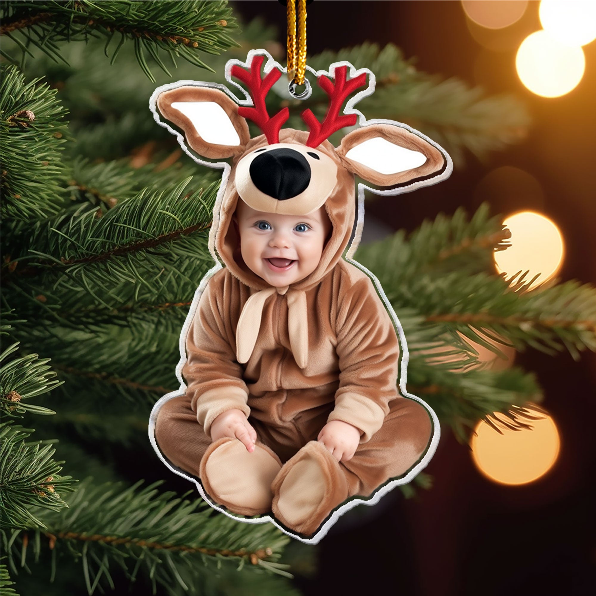 Little Reindeer Baby - Personalized Babys Photo First Christmas Ornament