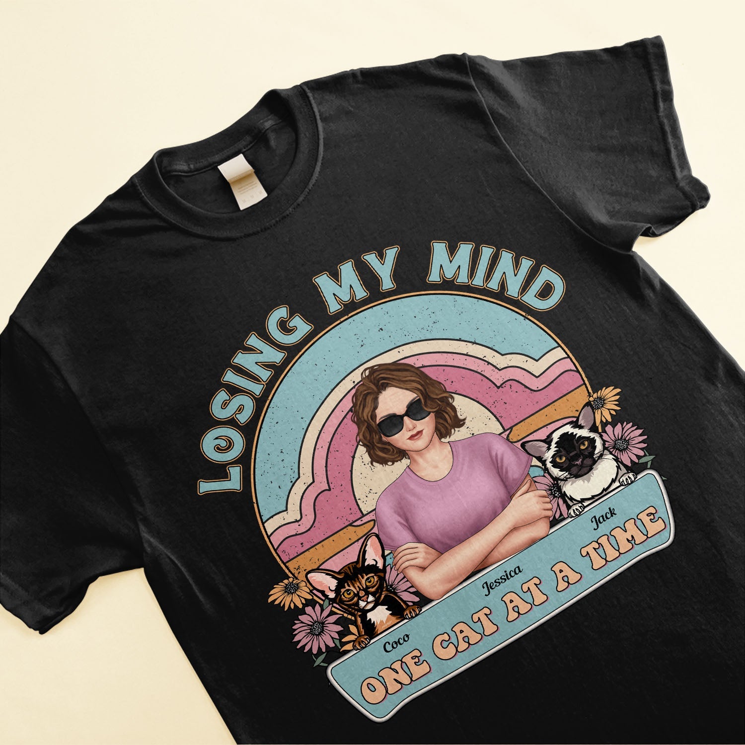 Losing My Mind One Cat At A Time - Personalized Shirt - Birthday, Funny Gift For Cat Lovers, Cat Moms, Cat Owners