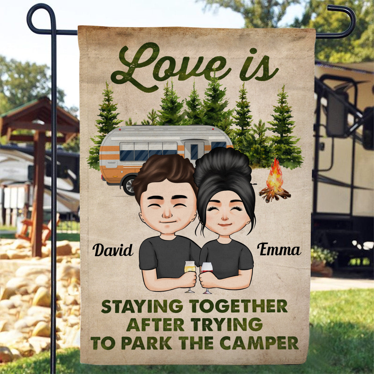 Love Is Staying Together After Trying To Park The Camper - Personalized Flag - Birthday Gift For Camper, Lover, Husband, Wife