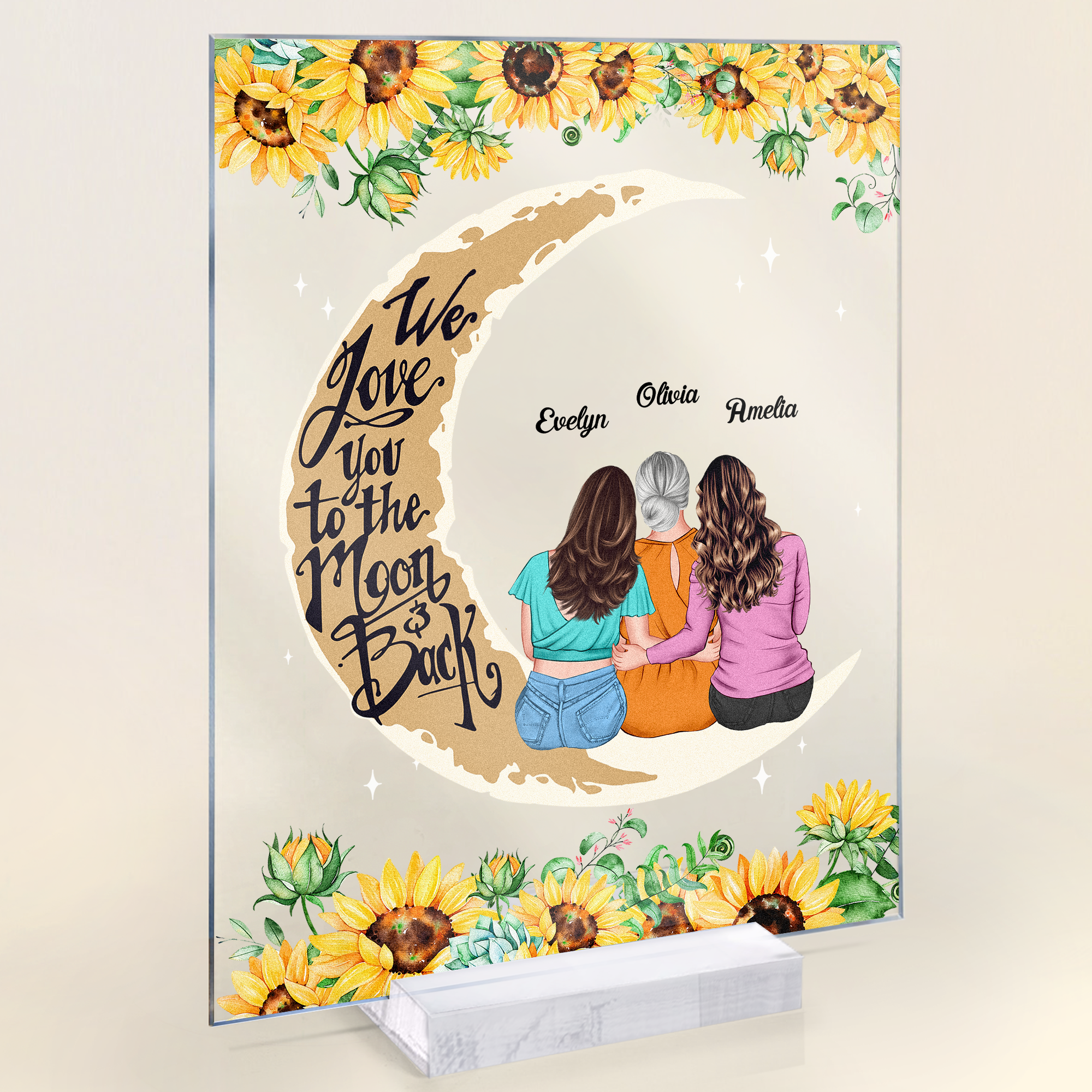 Love To The Moon And Back Mom And Daughters - Personalized Acrylic Plaque - Birthday Mother's Day Gift For Mom - Gift From Daughters