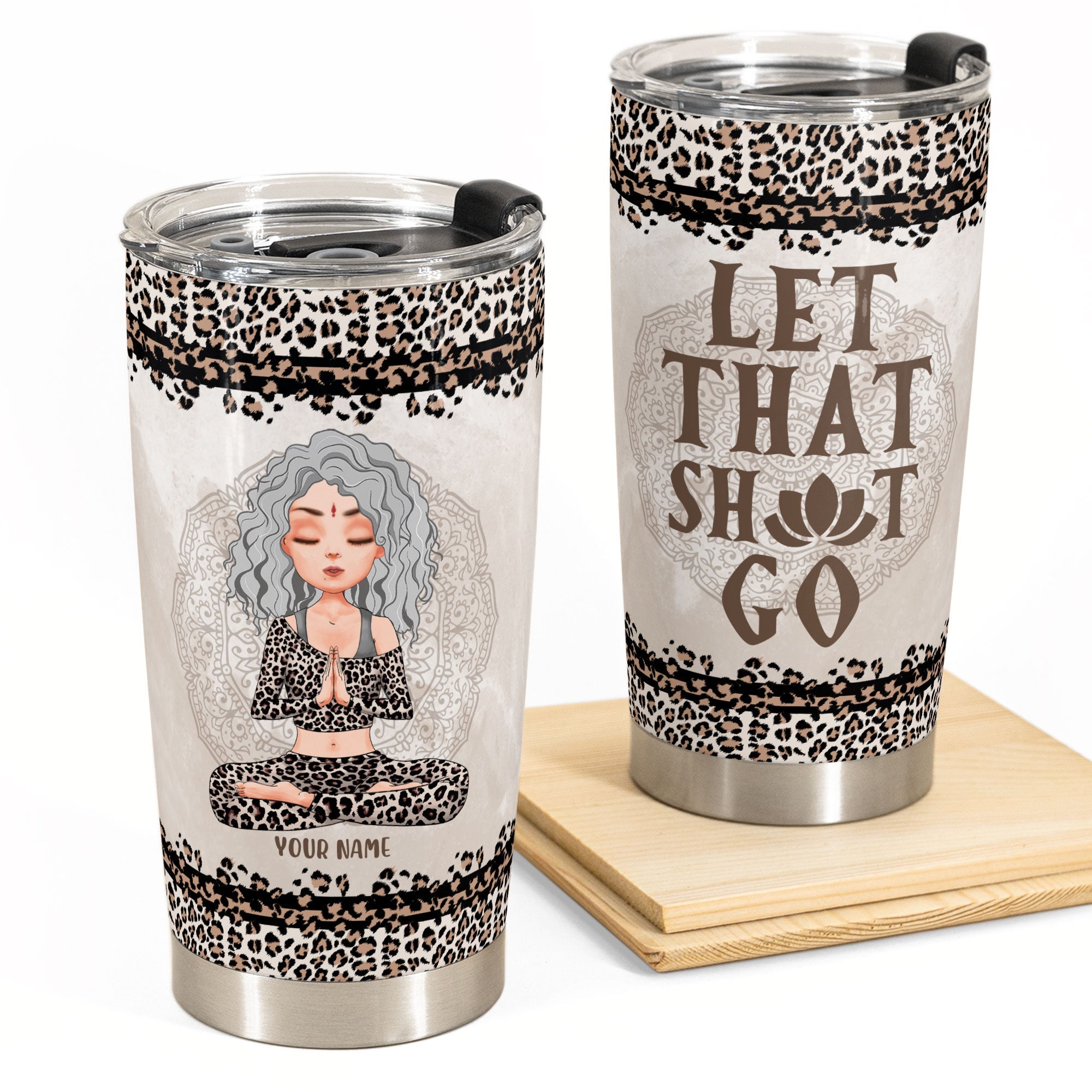 Meditation Yoga Girl - Personalized Tumbler Cup - Birthday Gift For Yoga Lover - Leopard Pattern Design