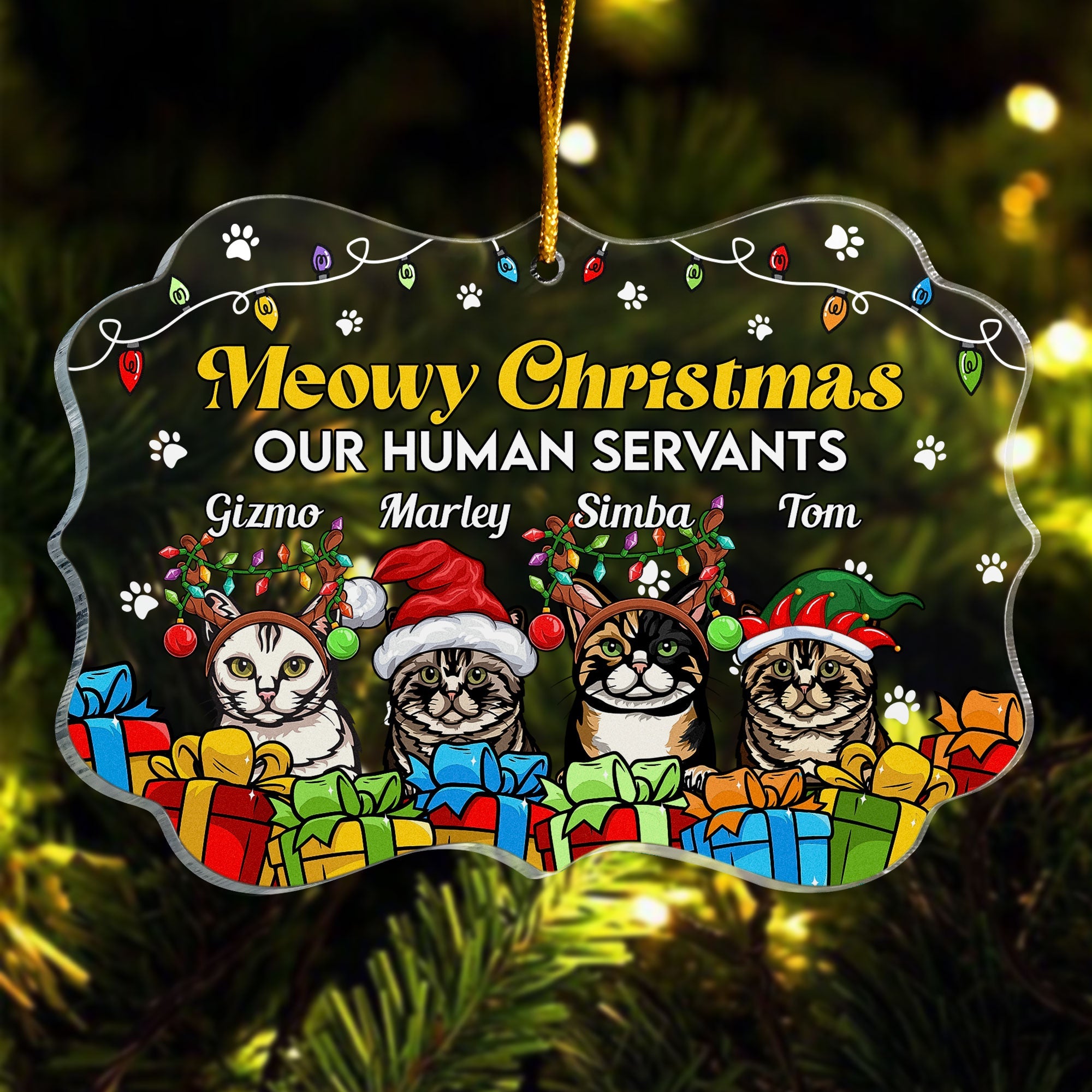 Meowy Christmas Our Human Servants - Personalized Acrylic Ornament - Christmas Gift For Family, Cat Parents, Cat Lovers, Cat Owners, Cat Mom, Cat Dad