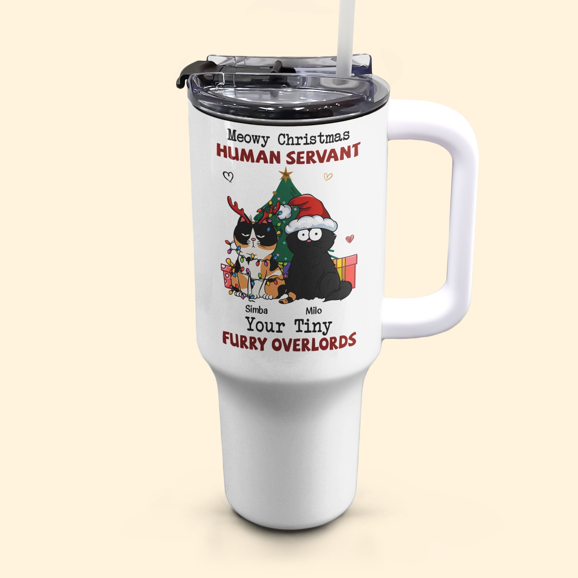 Meowy Christmas, Human Servant - Personalized 40oz Tumbler With Straw